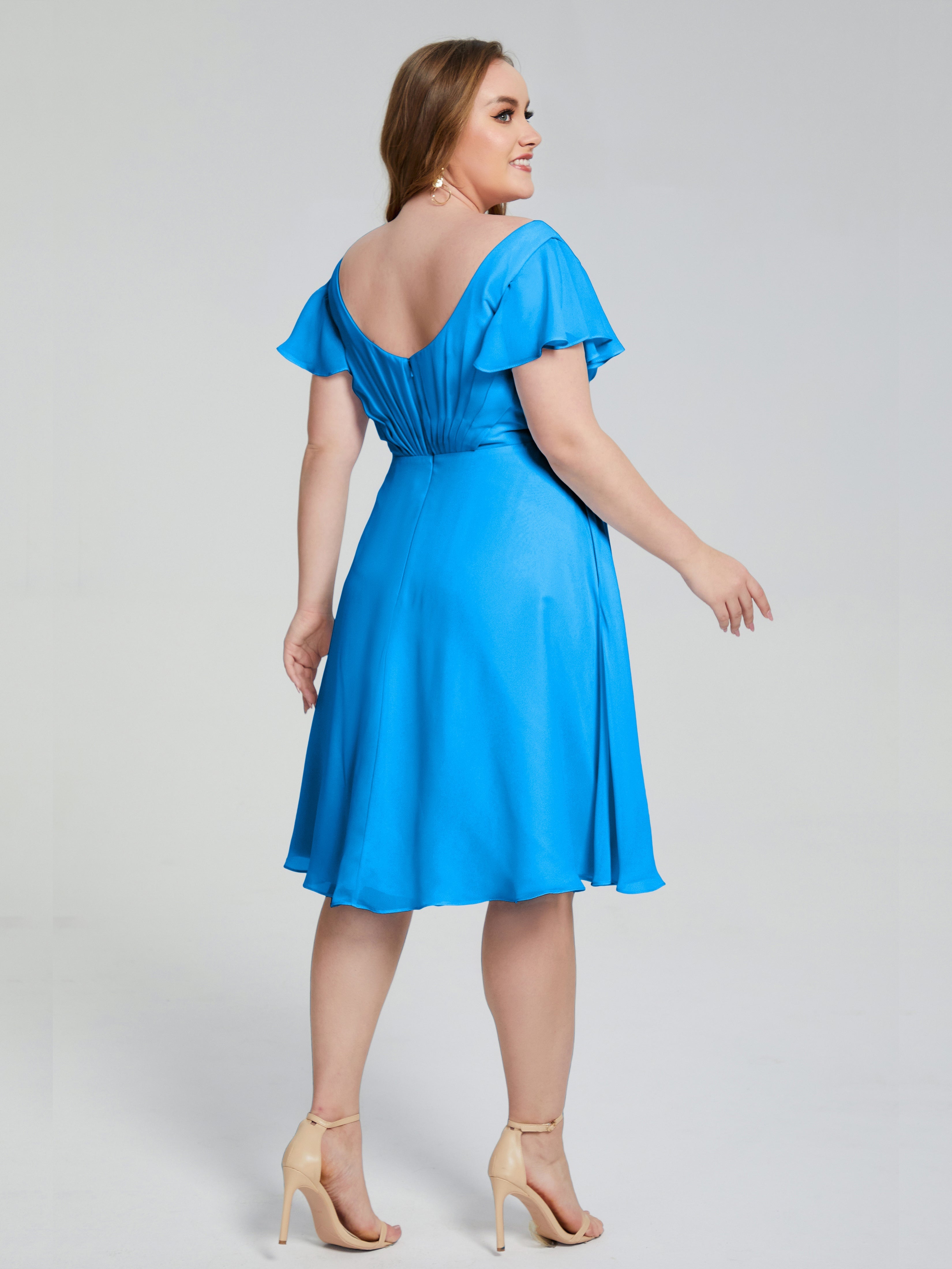 Robes De Demoiselle D'Honneur Bleu Océan Longueur Genou Manches Courtes Mousseline Robes Demoiselle D'Honneur Grande Taille