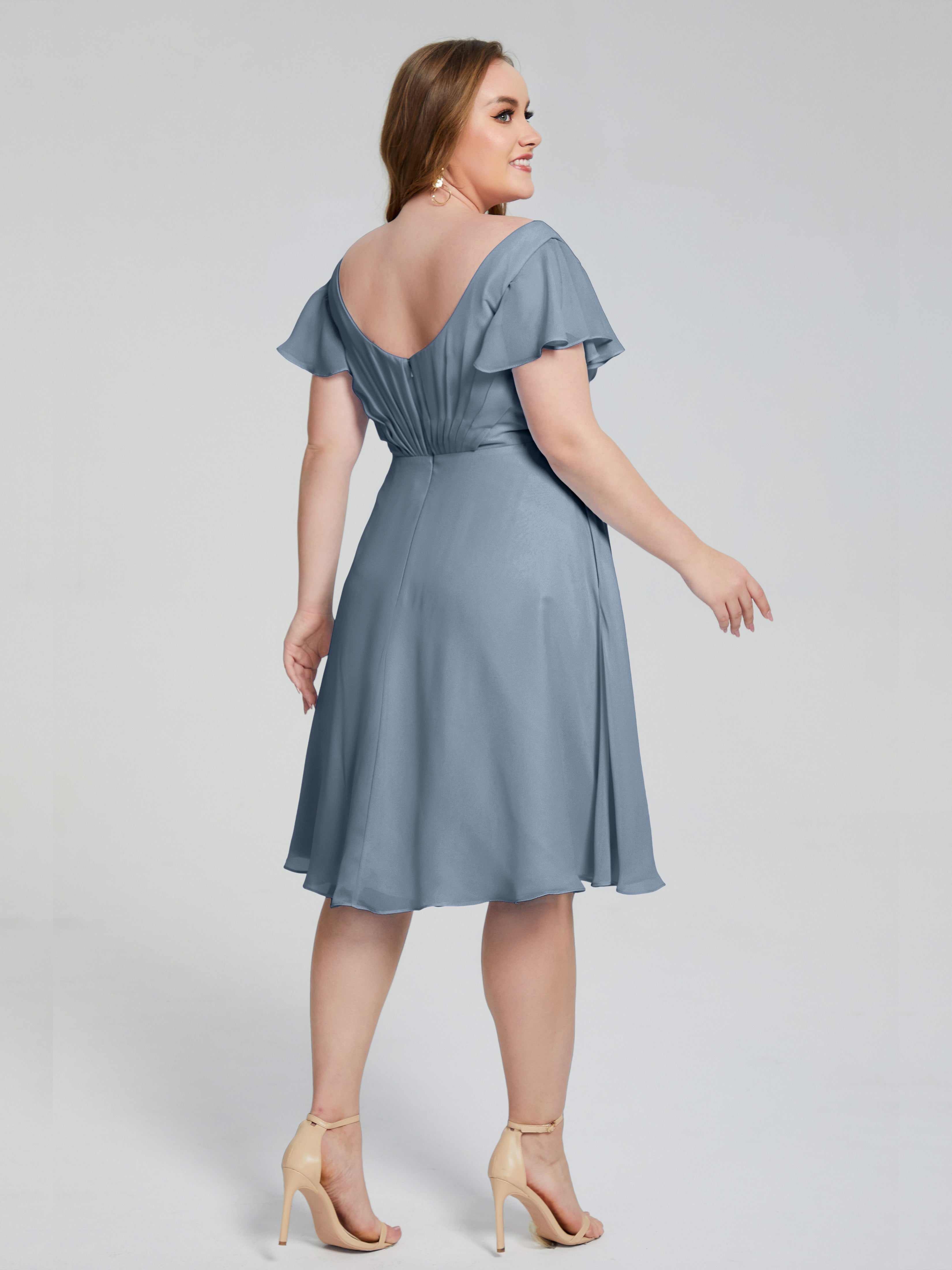 Robes De Demoiselle D'Honneur Bleu Gris Longueur Genou Manches Courtes Mousseline Robes Demoiselle D'Honneur Grande Taille