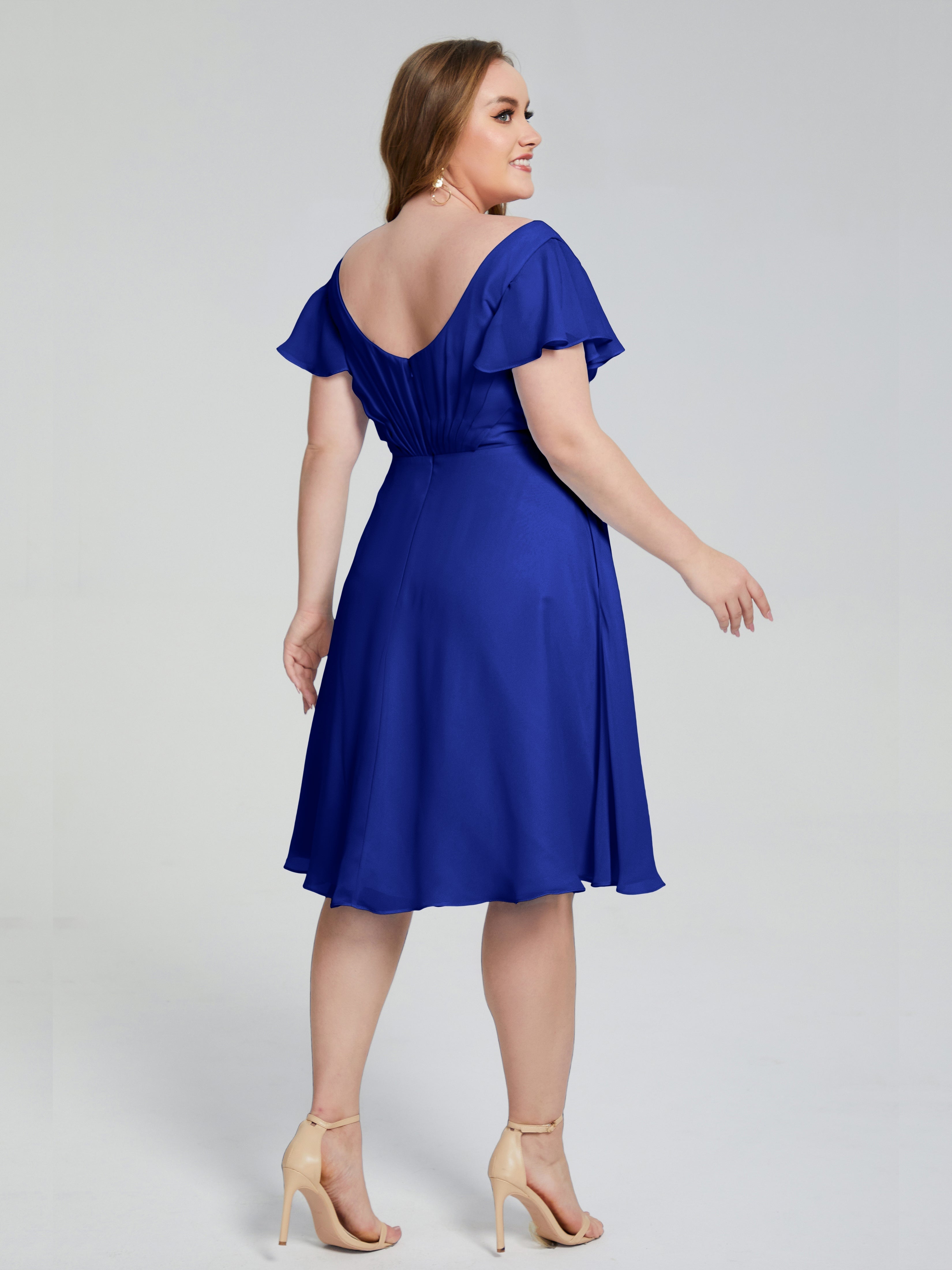 Robe De Demoiselle D Honneur Bleu Roi Longueur Genou Manches Courtes Mousseline Robes Demoiselle D'Honneur Grande Taille
