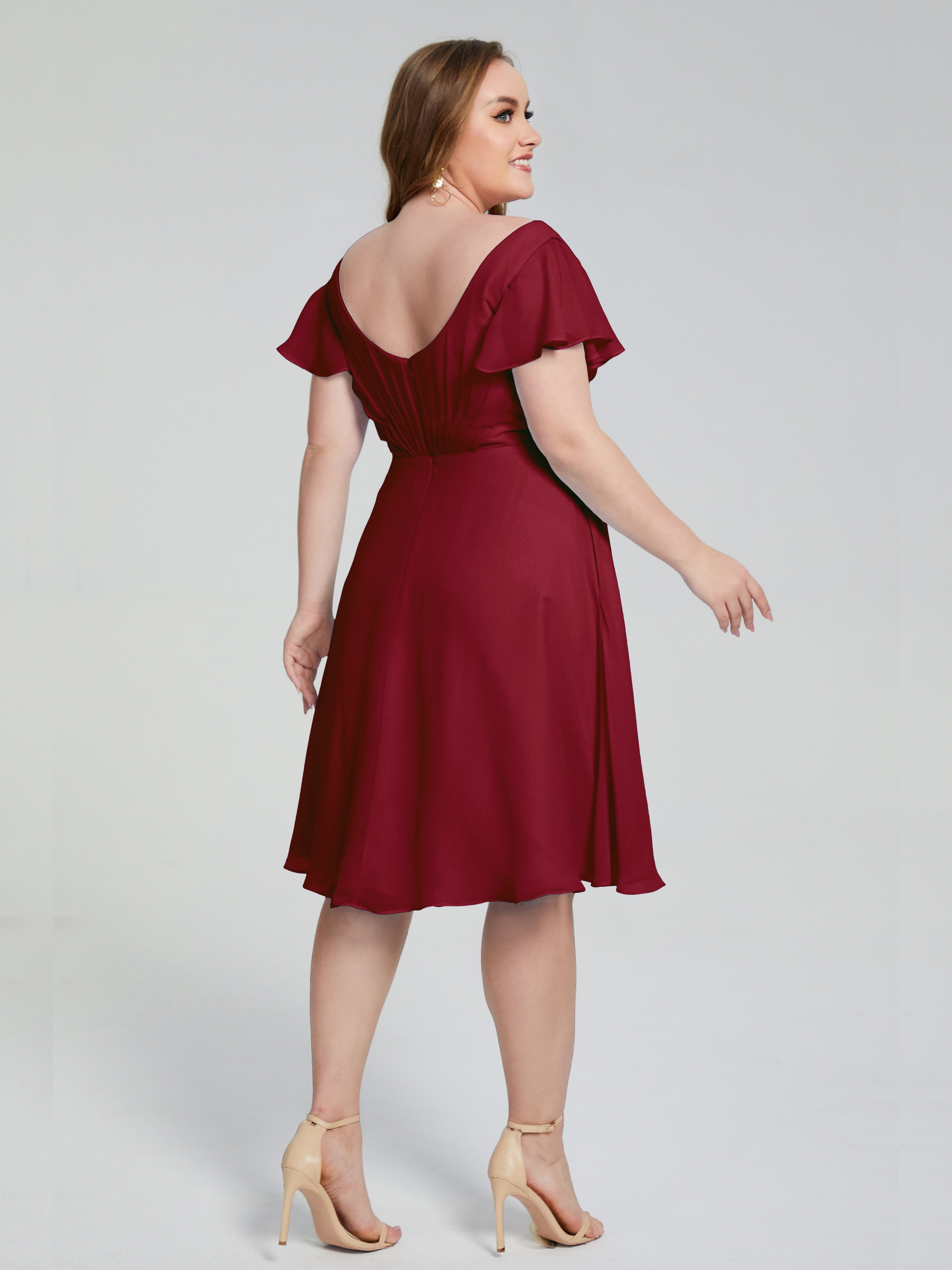 Robe Bordeaux Mariage Demoiselle D Honneur Longueur Genou Manches Courtes Mousseline Robes Demoiselle D'Honneur Grande Taille