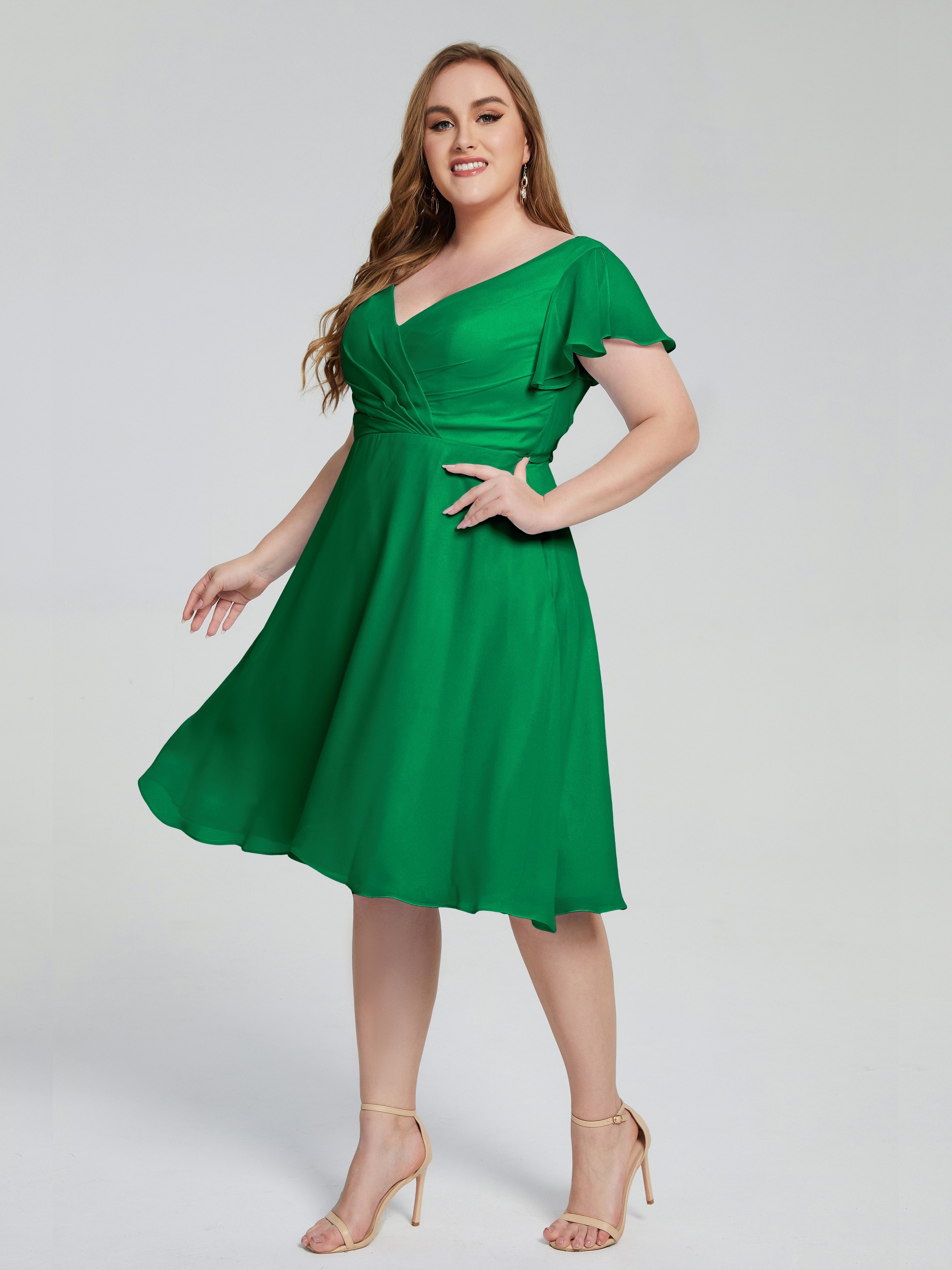 Robe Vert Emeraude Demoiselle D Honneur Longueur Genou Manches Courtes Mousseline Robes Demoiselle D'Honneur Grande Taille