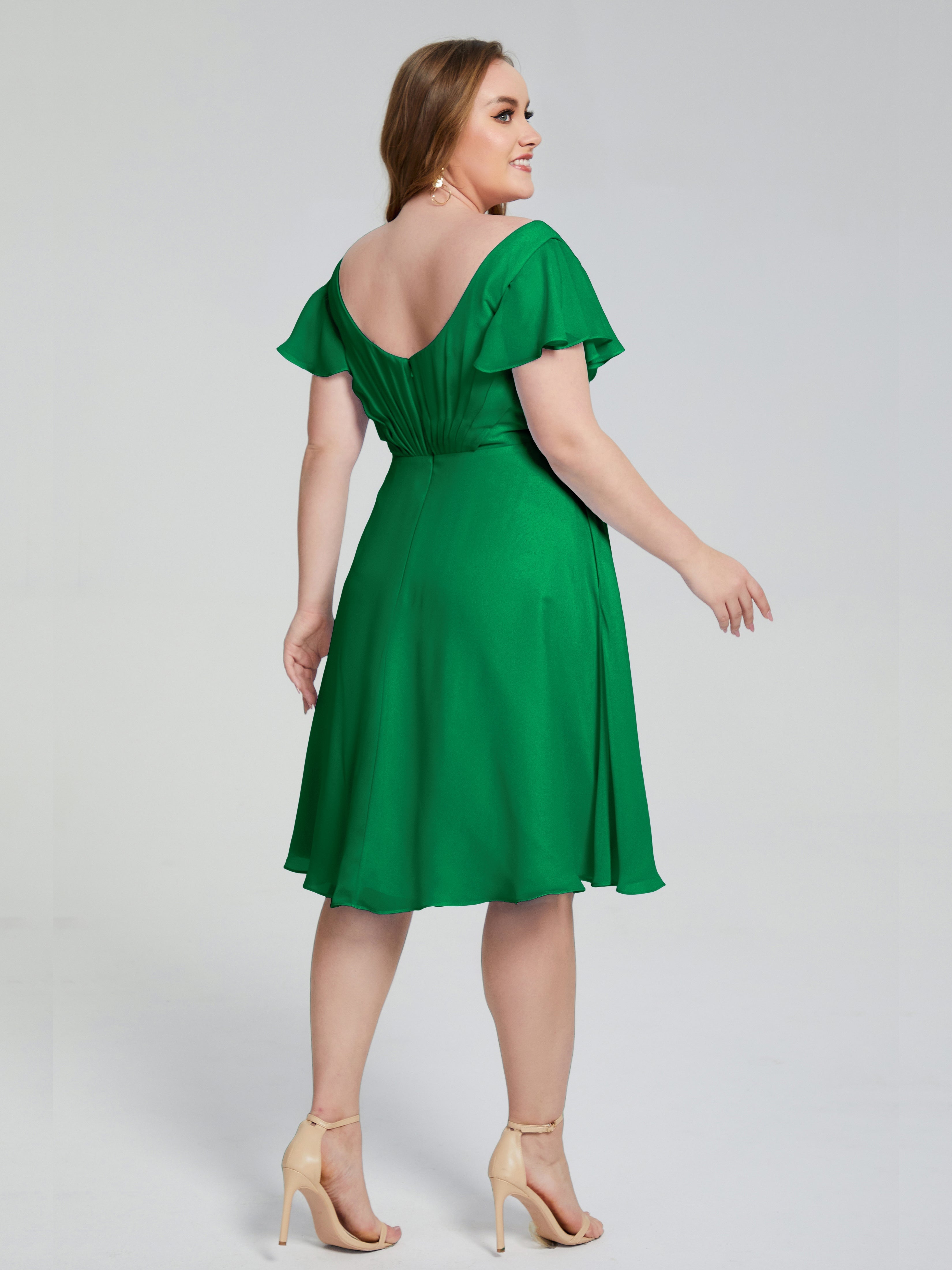 Robe Vert Emeraude Demoiselle D Honneur Longueur Genou Manches Courtes Mousseline Robes Demoiselle D'Honneur Grande Taille