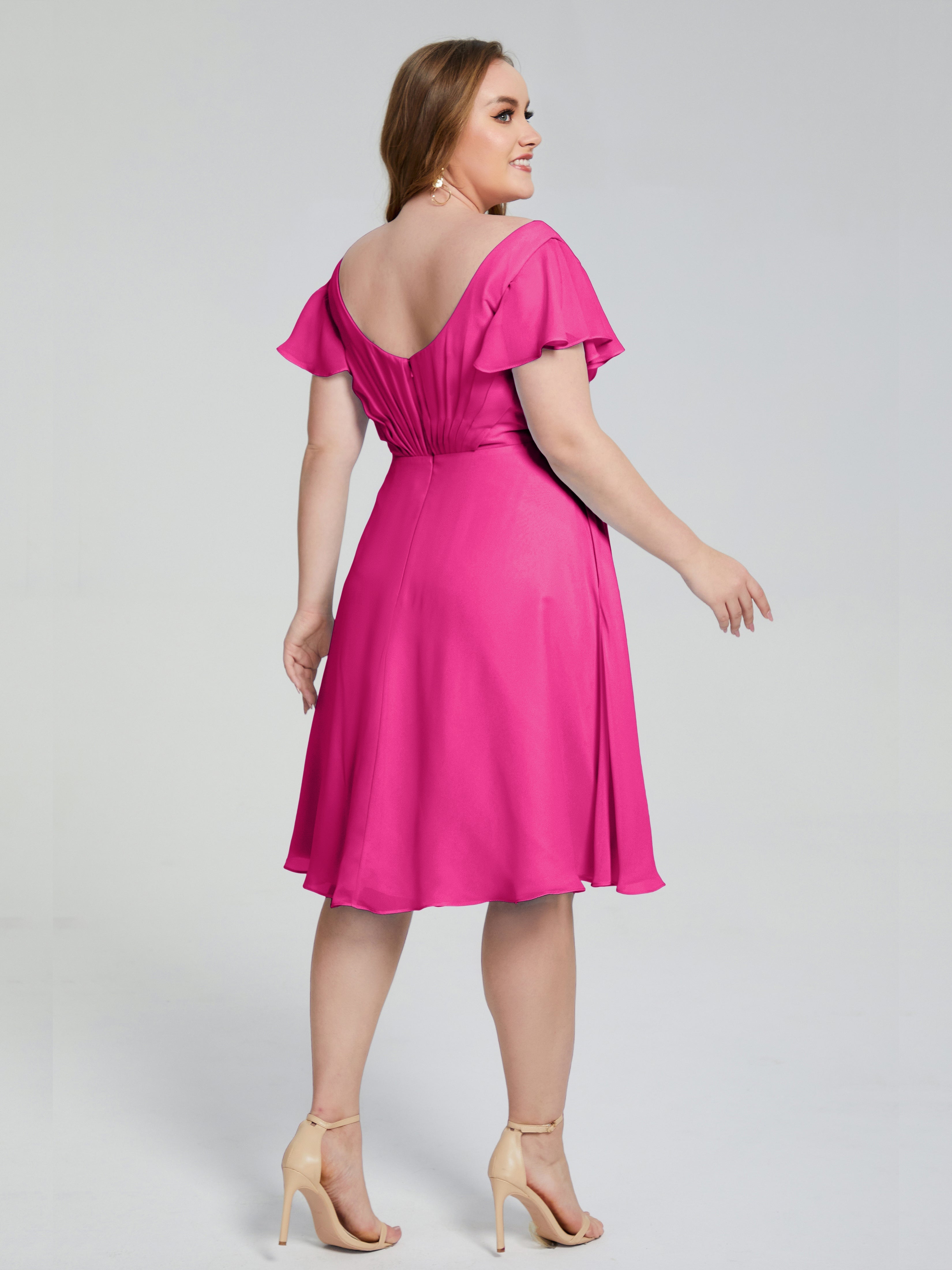 Robe De Demoiselle D Honneur Fuchsia Longueur Genou Manches Courtes Mousseline Robes Demoiselle D'Honneur Grande Taille