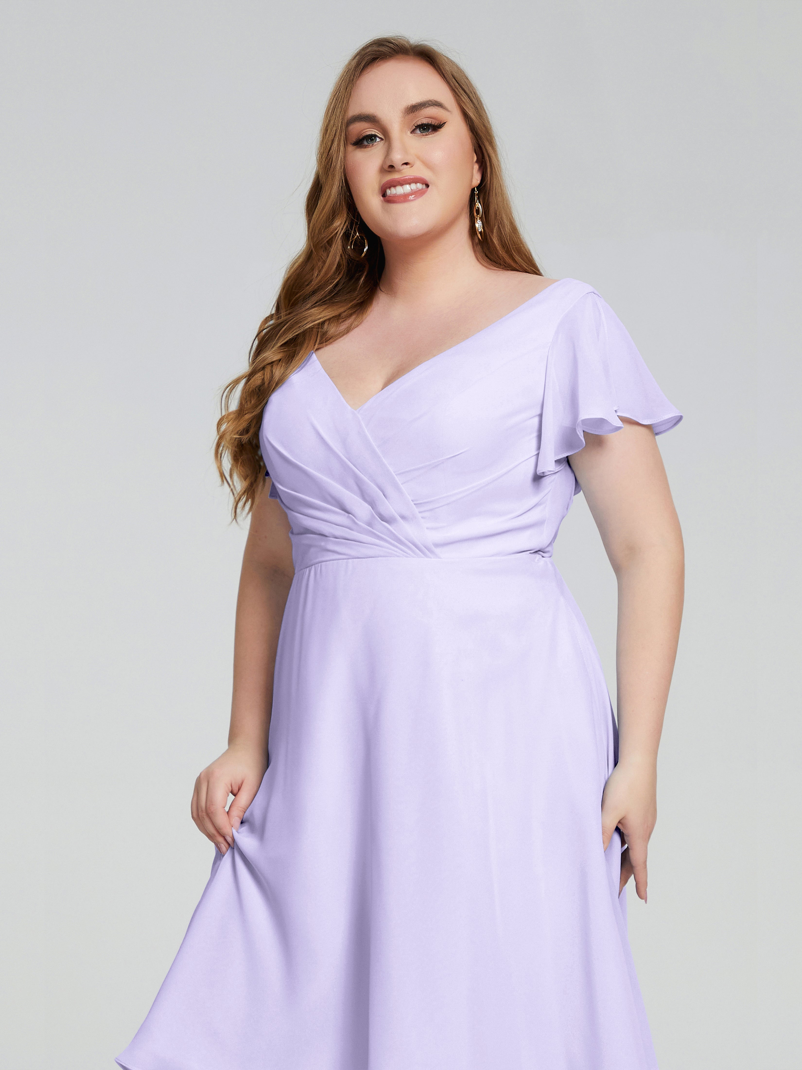 Demoiselle Robe Cocktail Robe Lilas Longueur Genou Manches Courtes Mousseline Robes Demoiselle D'Honneur Grande Taille