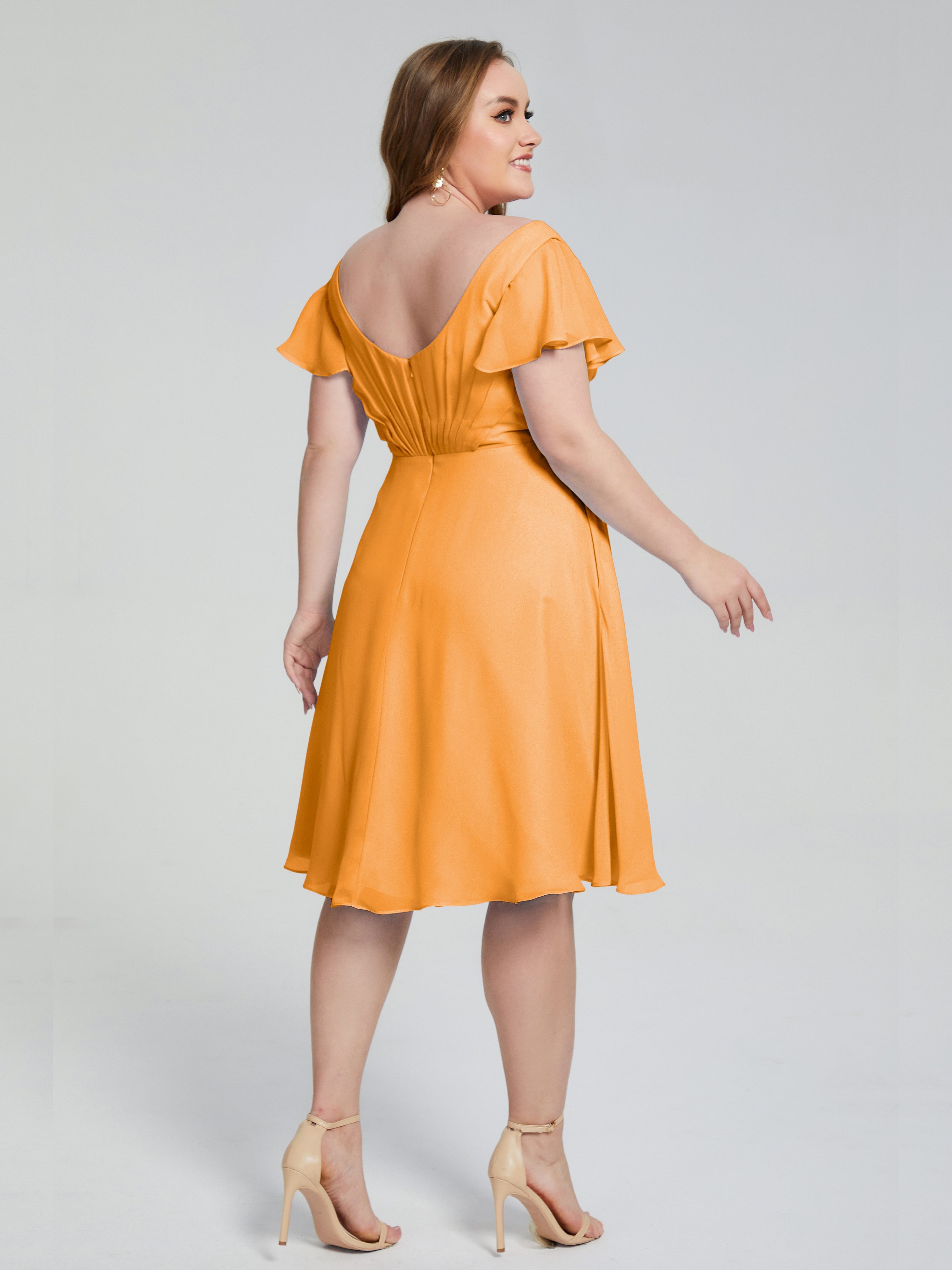 Robes De Demoiselle D'Honneur Mandarine Longueur Genou Manches Courtes Mousseline Robes Demoiselle D'Honneur Grande Taille