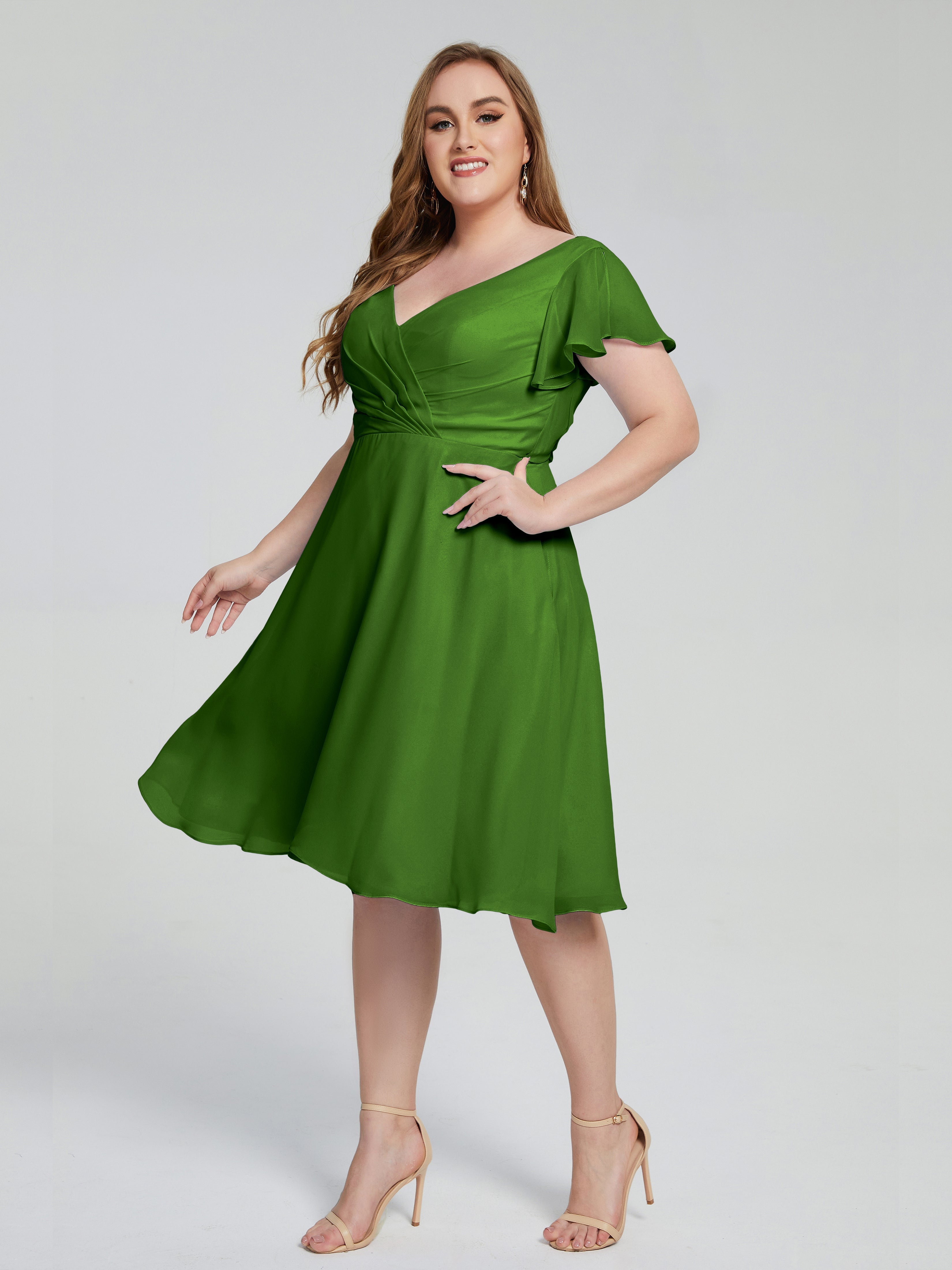 Robes De Demoiselle D'Honneur Vert Mousse Longueur Genou Manches Courtes Mousseline Robes Demoiselle D'Honneur Grande Taille
