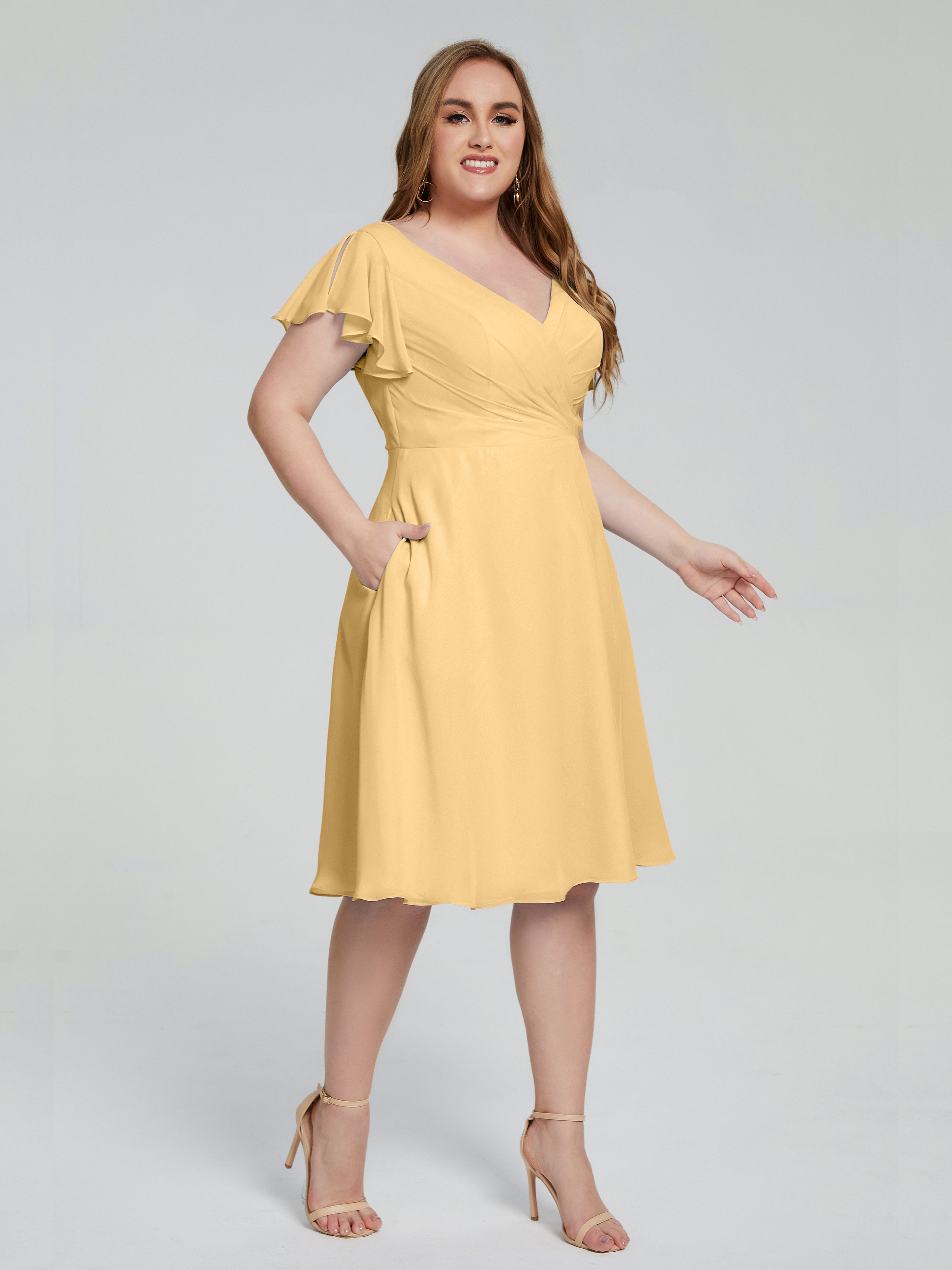 Robe Dorée Demoiselle D Honneur Longueur Genou Manches Courtes Mousseline Robes Demoiselle D'Honneur Grande Taille