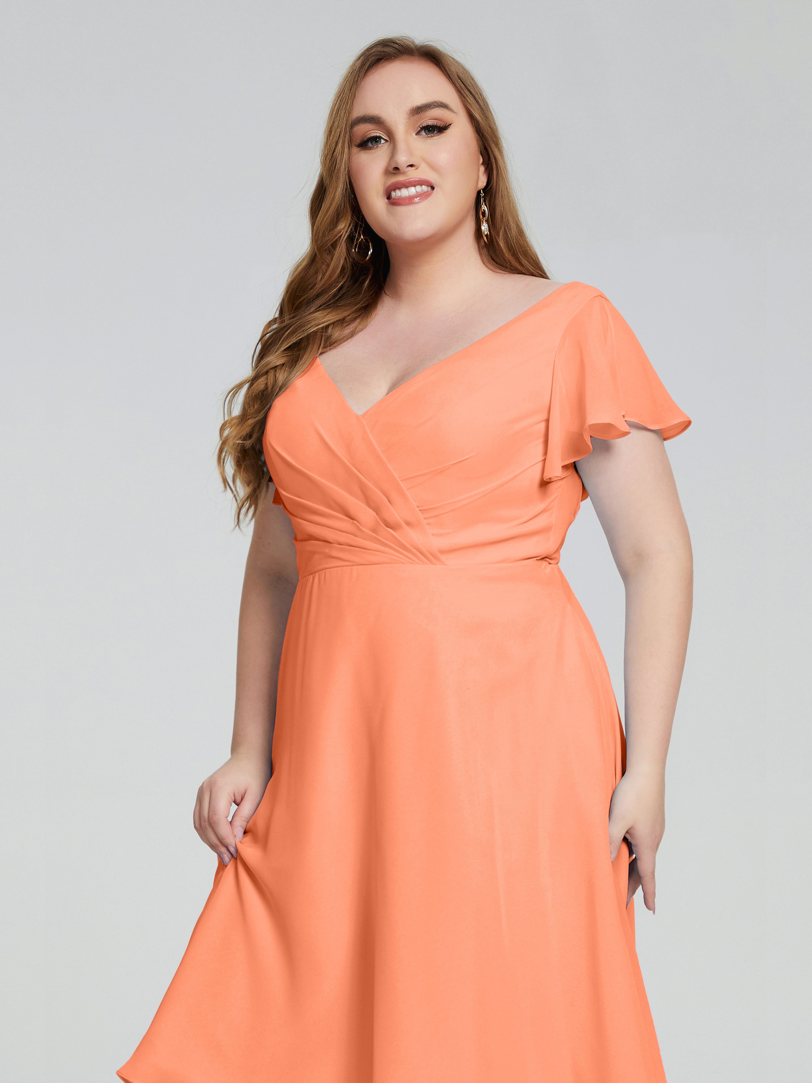 Robes De Demoiselle D'Honneur Papaye Longueur Genou Manches Courtes Mousseline Robes Demoiselle D'Honneur Grande Taille