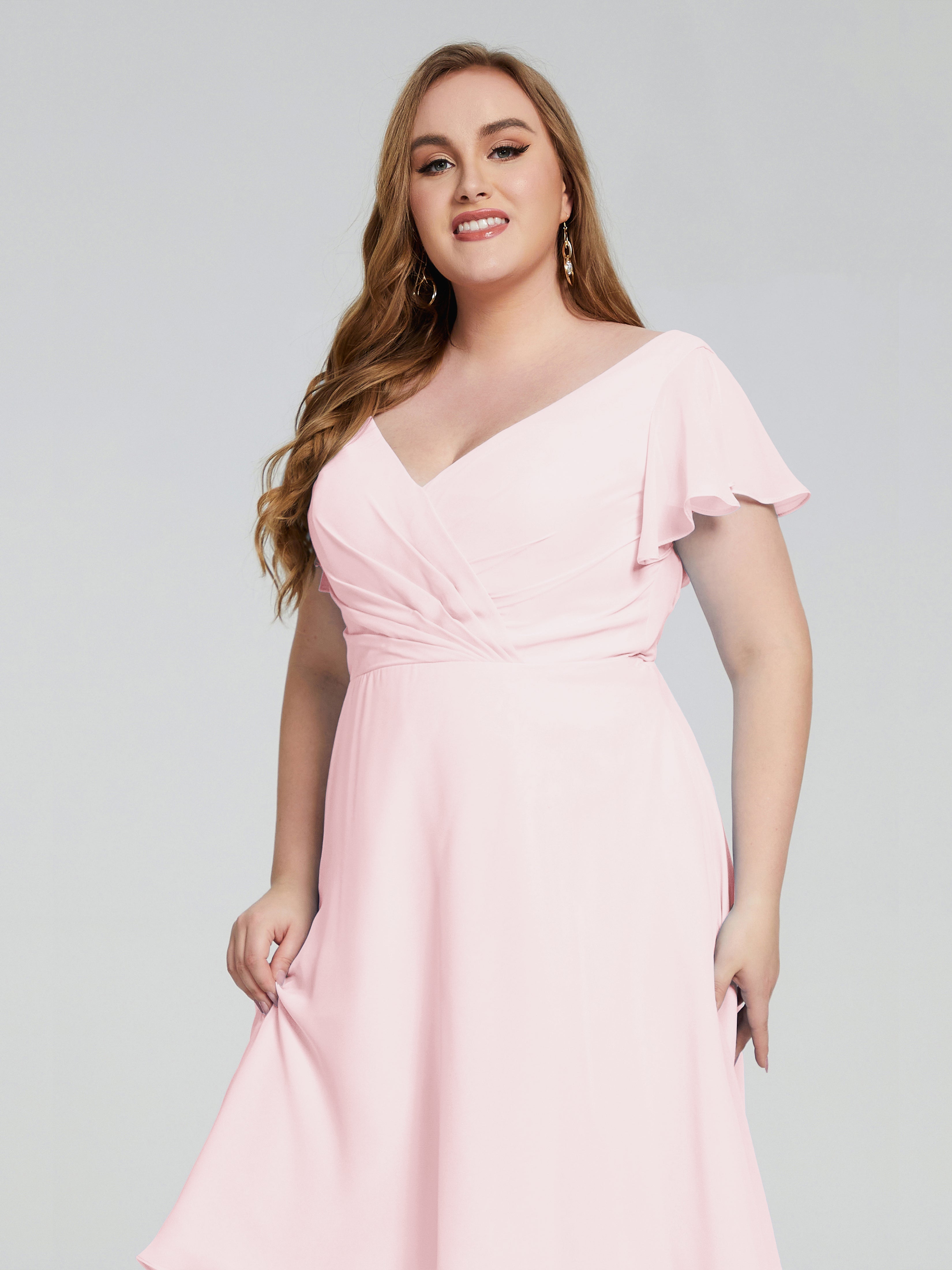 Robe Demoiselles D Honneur Rose Pale Longueur Genou Manches Courtes Mousseline Robes Demoiselle D'Honneur Grande Taille