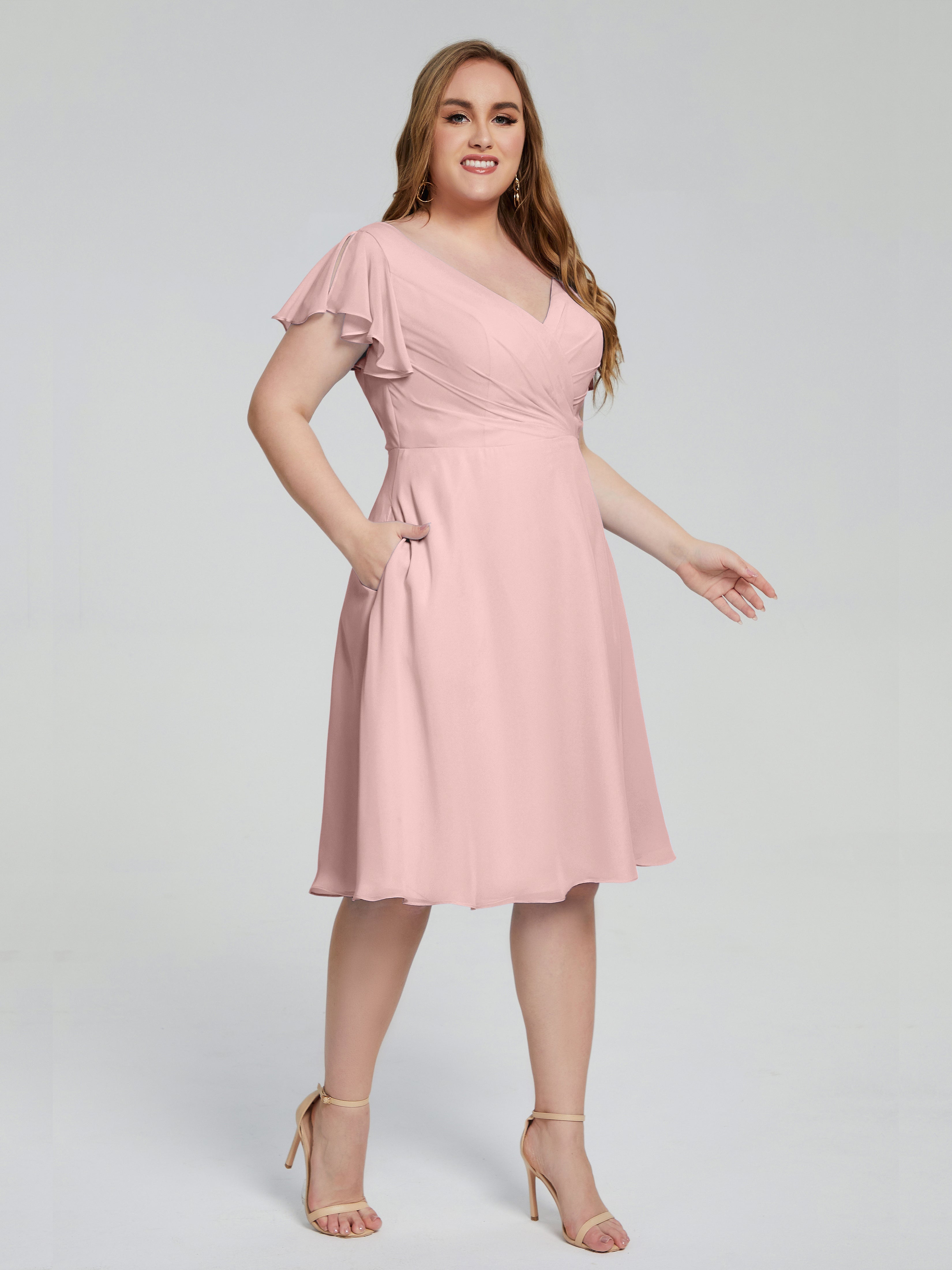 Robe Demoiselle D Honneur Rose Poudre Longueur Genou Manches Courtes Mousseline Robes Demoiselle D'Honneur Grande Taille