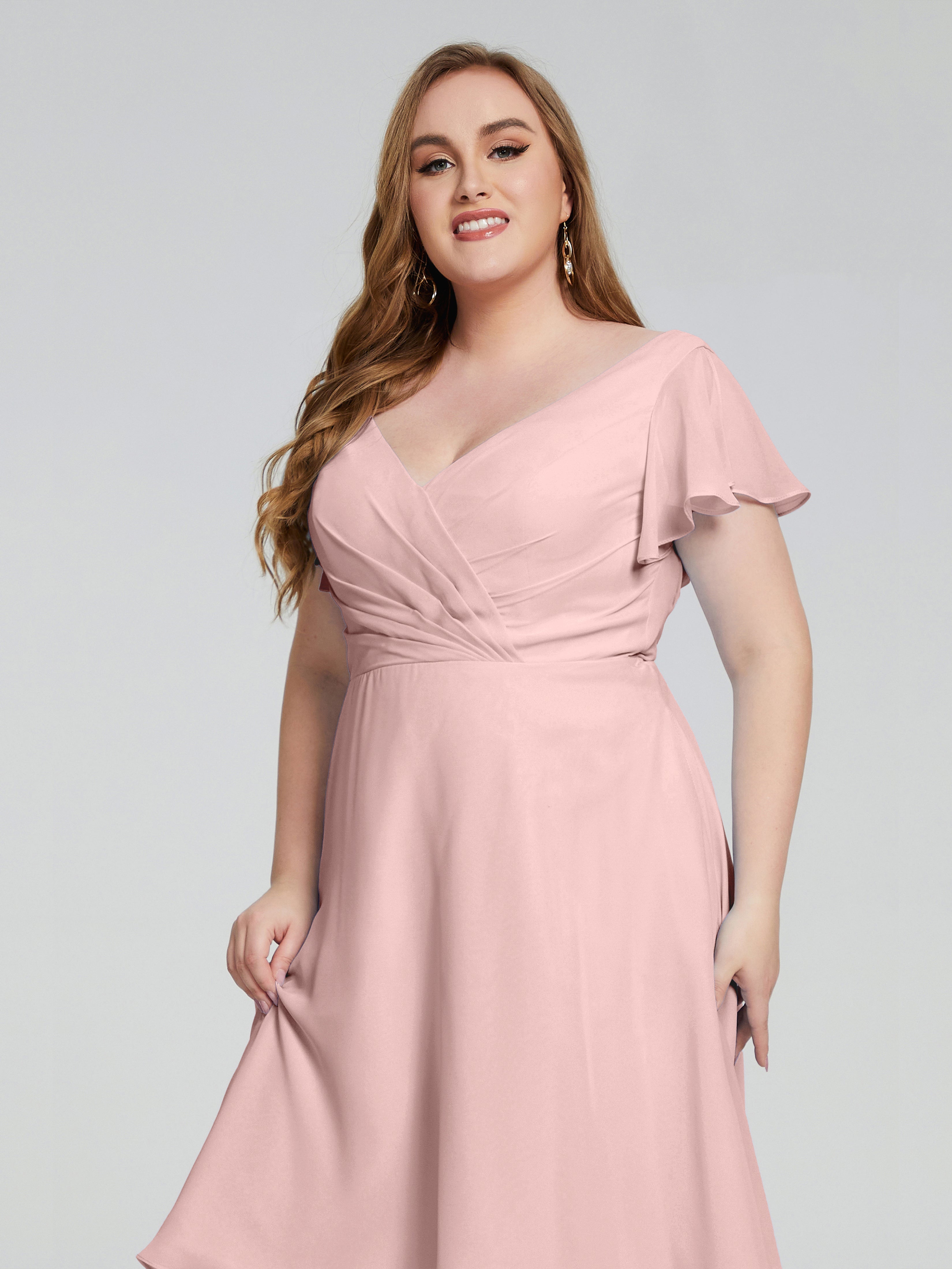 Robe Demoiselle D Honneur Rose Poudre Longueur Genou Manches Courtes Mousseline Robes Demoiselle D'Honneur Grande Taille