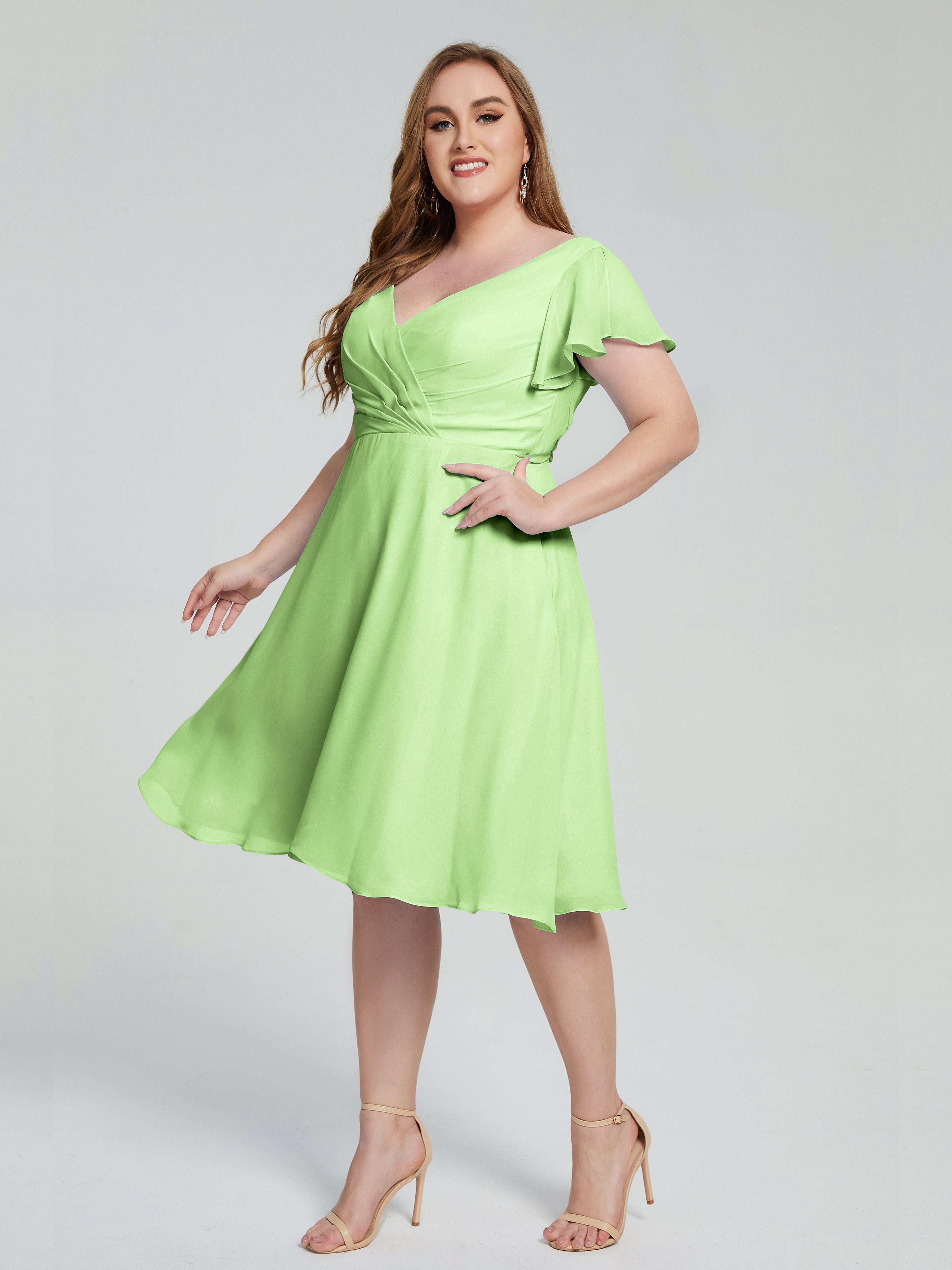 Robe Demoiselle Dhonneur Vert Sauge Longueur Genou Manches Courtes Mousseline Robes Demoiselle D'Honneur Grande Taille