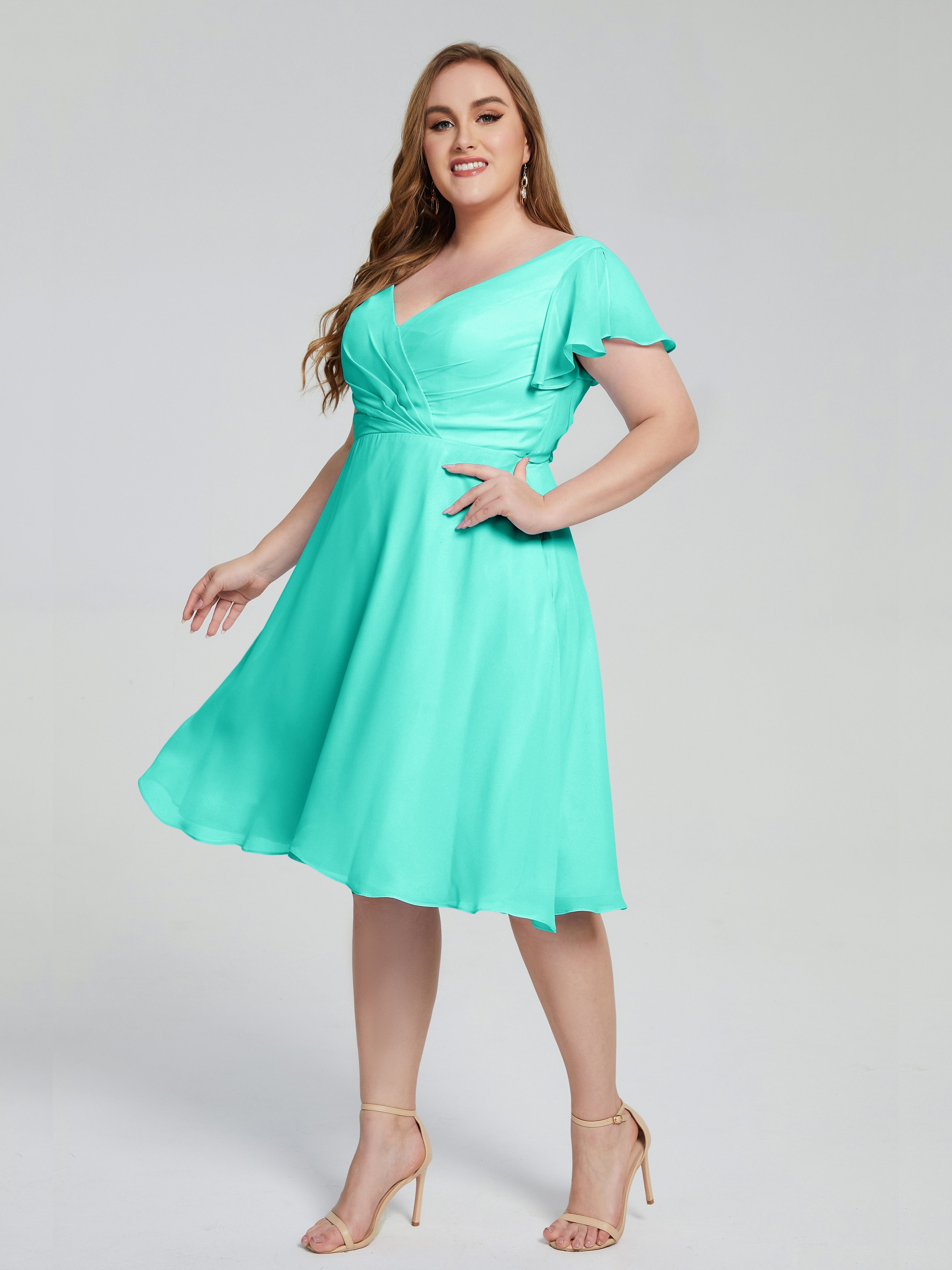 Robes De Demoiselle D'Honneur Spa Longueur Genou Manches Courtes Mousseline Robes Demoiselle D'Honneur Grande Taille