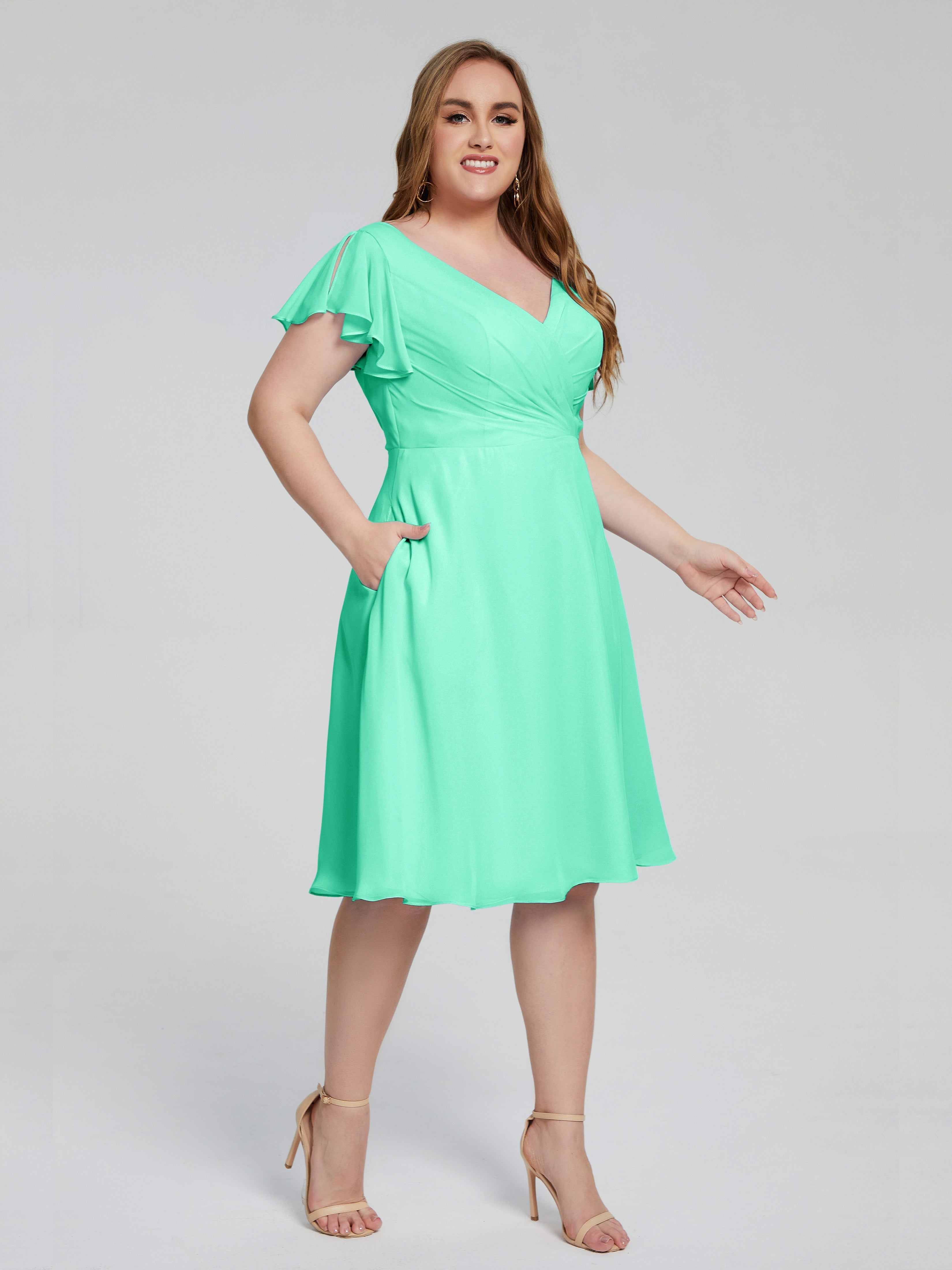 Robe De Demoiselle D Honneur Turquoise Longueur Genou Manches Courtes Mousseline Robes Demoiselle D'Honneur Grande Taille