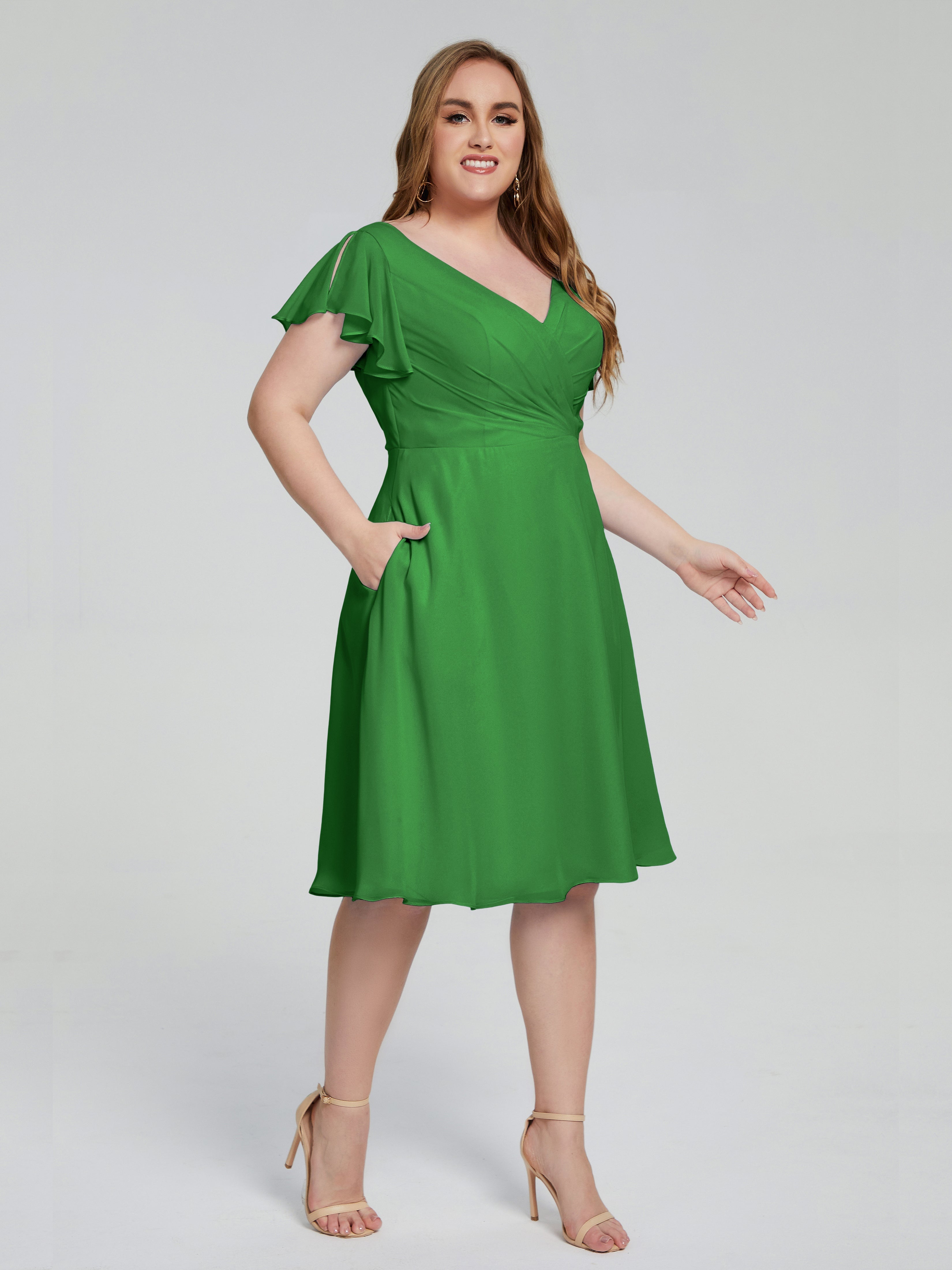 Robe Vert Demoiselle D Honneur Longueur Genou Manches Courtes Mousseline Robes Demoiselle D'Honneur Grande Taille