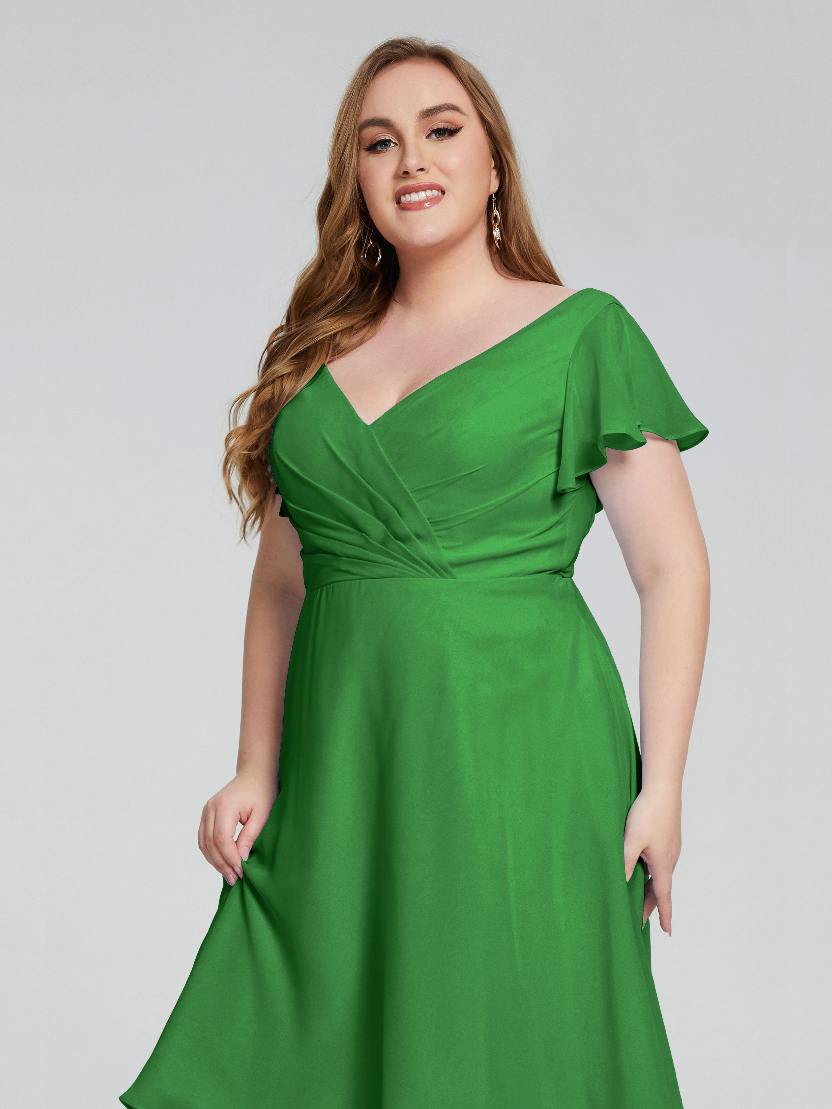 Robe Vert Demoiselle D Honneur Longueur Genou Manches Courtes Mousseline Robes Demoiselle D'Honneur Grande Taille