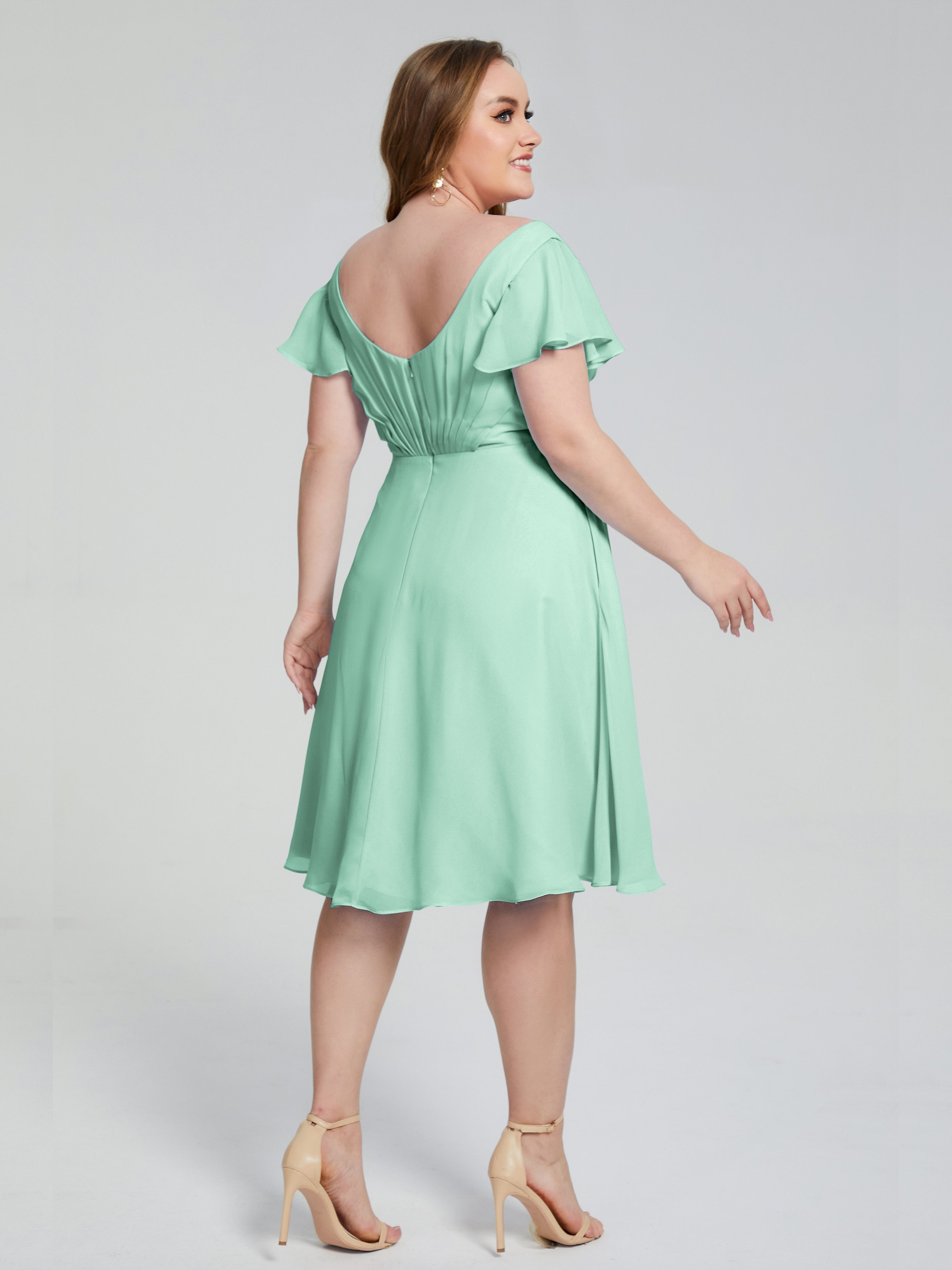 Robes De Demoiselle D'Honneur Vert Menthe Longueur Genou Manches Courtes Mousseline Robes Demoiselle D'Honneur Grande Taille