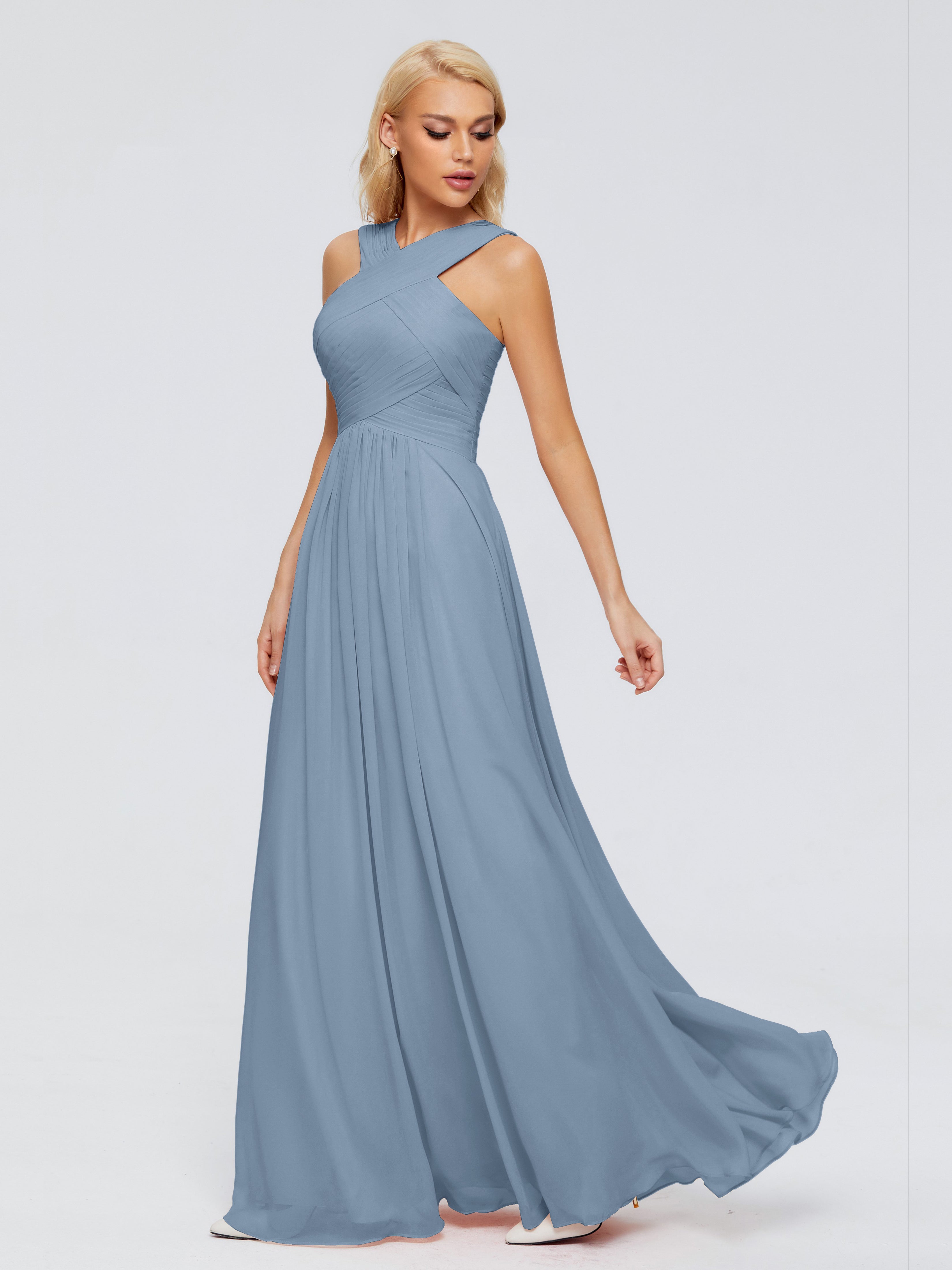 Robes De Demoiselle D'Honneur Bleu De Schiste Trapèze Bretelle Mousseline Robes Demoiselle D'Honneur