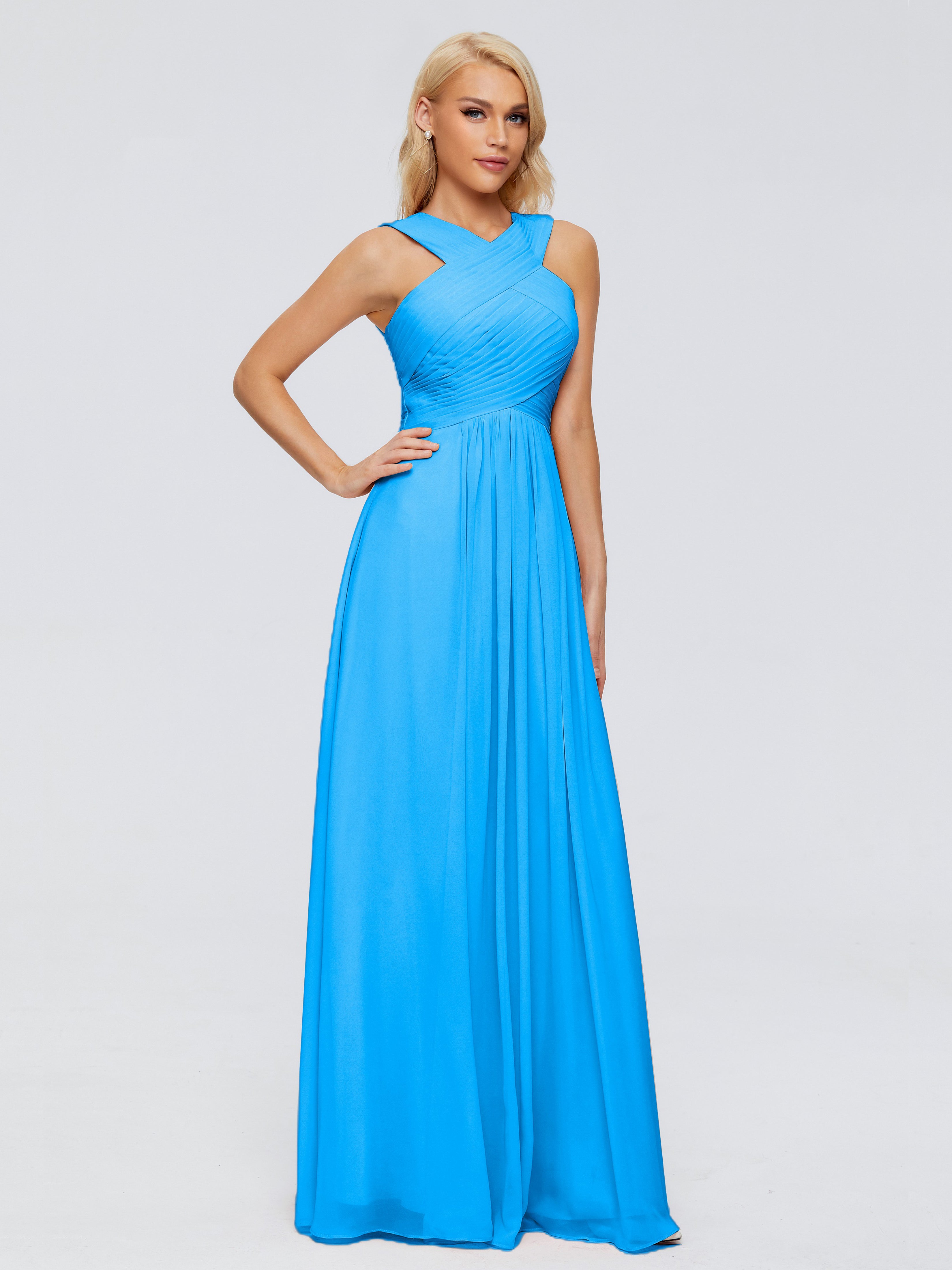 Robes De Demoiselle D'Honneur Bleu Océan Trapèze Bretelle Mousseline Robes Demoiselle D'Honneur