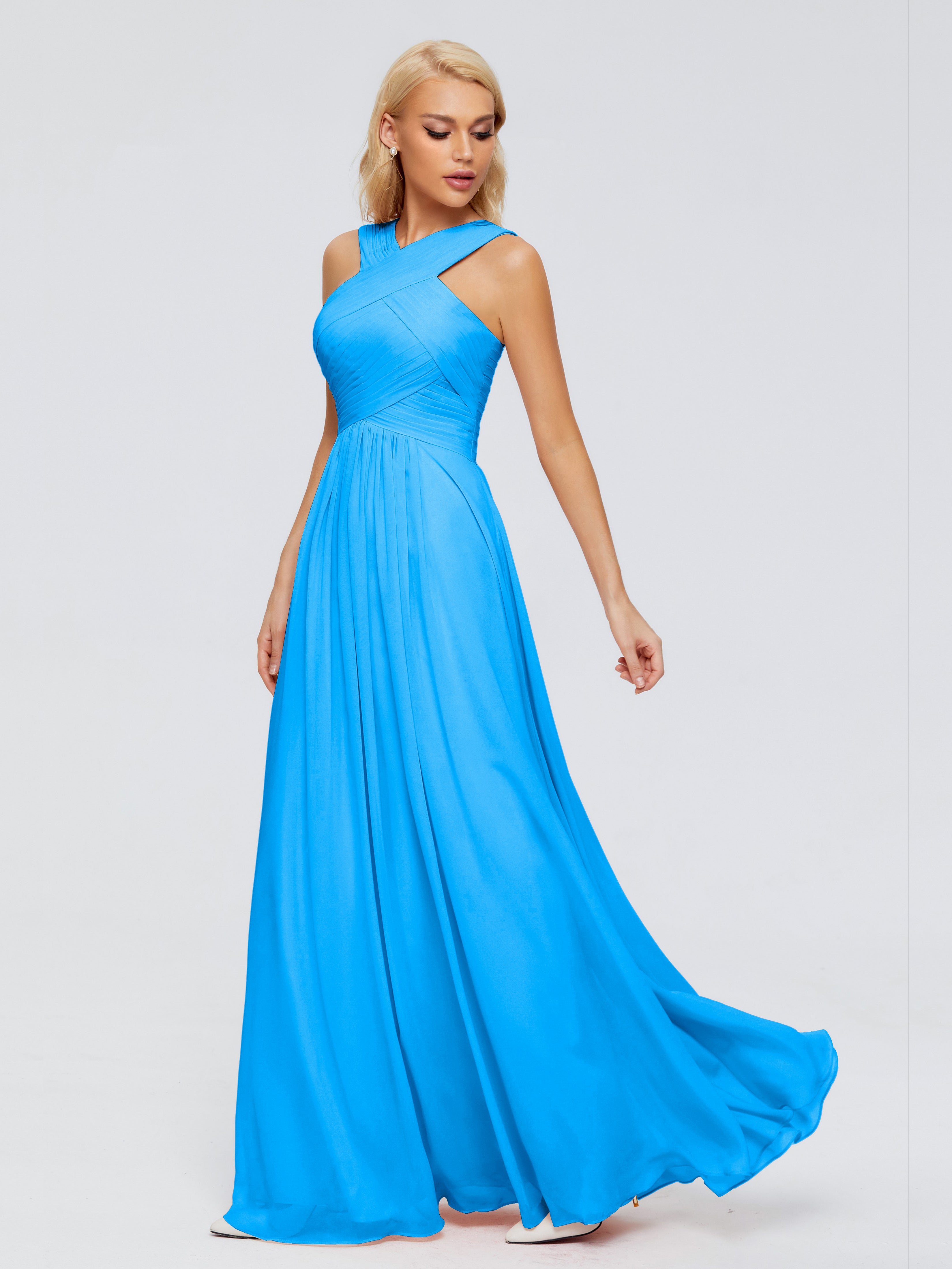 Robes De Demoiselle D'Honneur Bleu Océan Trapèze Bretelle Mousseline Robes Demoiselle D'Honneur