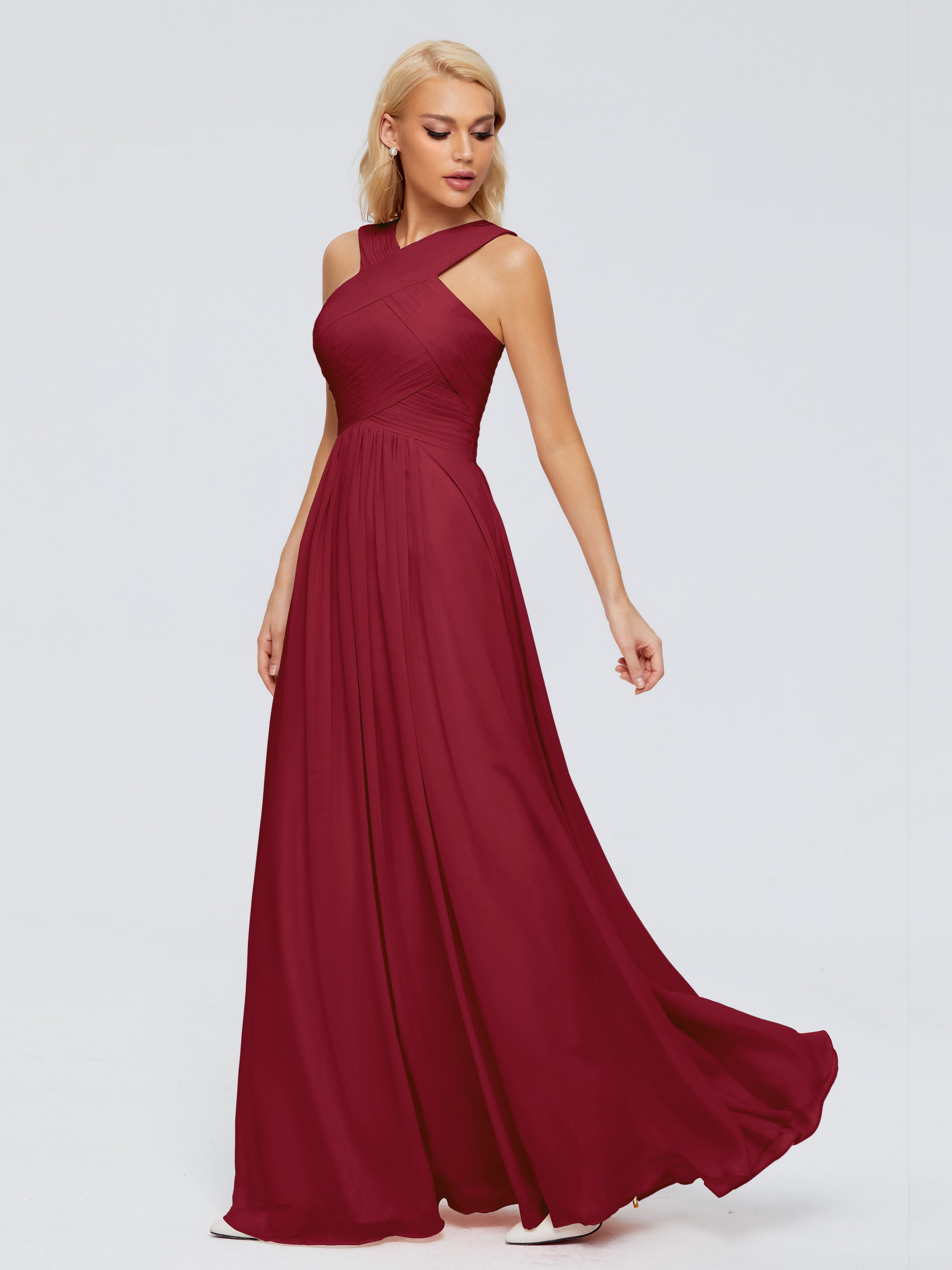 Robe Demoiselle D Honneur Rouge Bordeaux Trapèze Bretelle Mousseline Robes Demoiselle D'Honneur