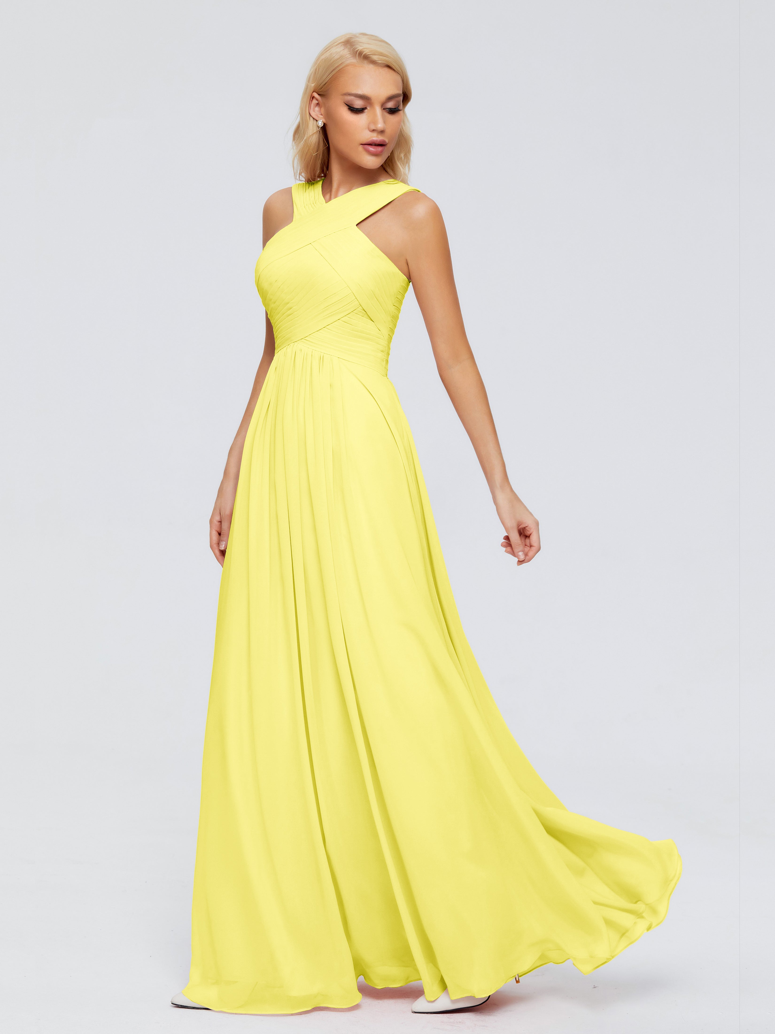 Robes De Demoiselle D'Honneur Citron Trapèze Bretelle Mousseline Robes Demoiselle D'Honneur