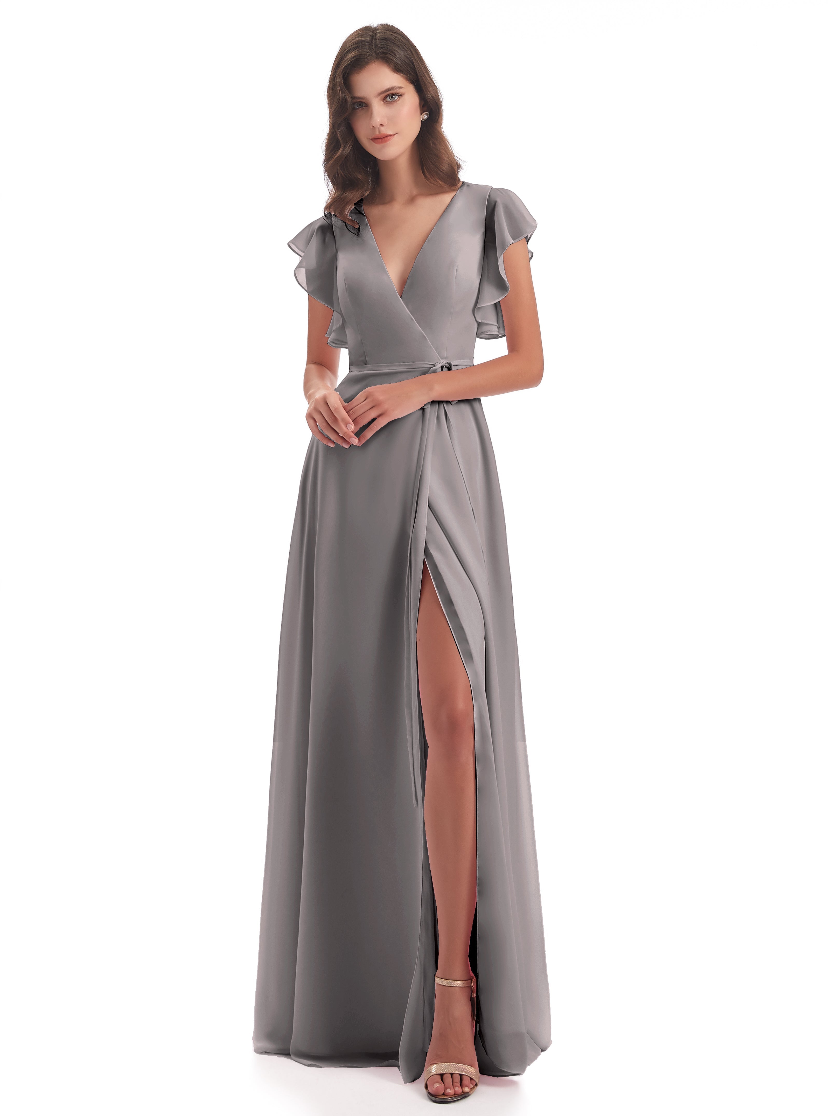 Robe Demoiselle D Honneur Argentée Fendue Devant Col V Robes Demoiselle D'Honneur