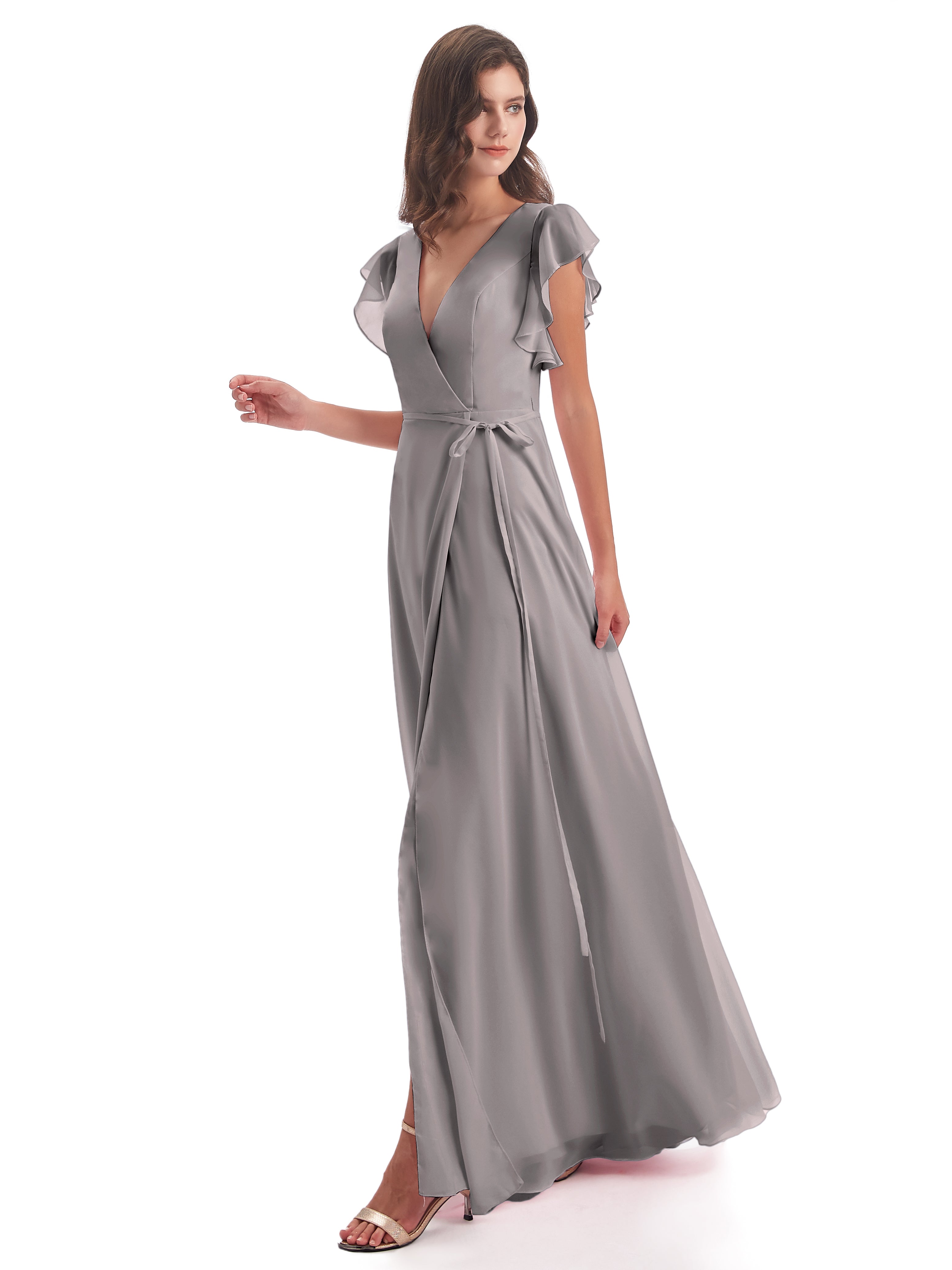 Robe Demoiselle D Honneur Argentée Fendue Devant Col V Robes Demoiselle D'Honneur
