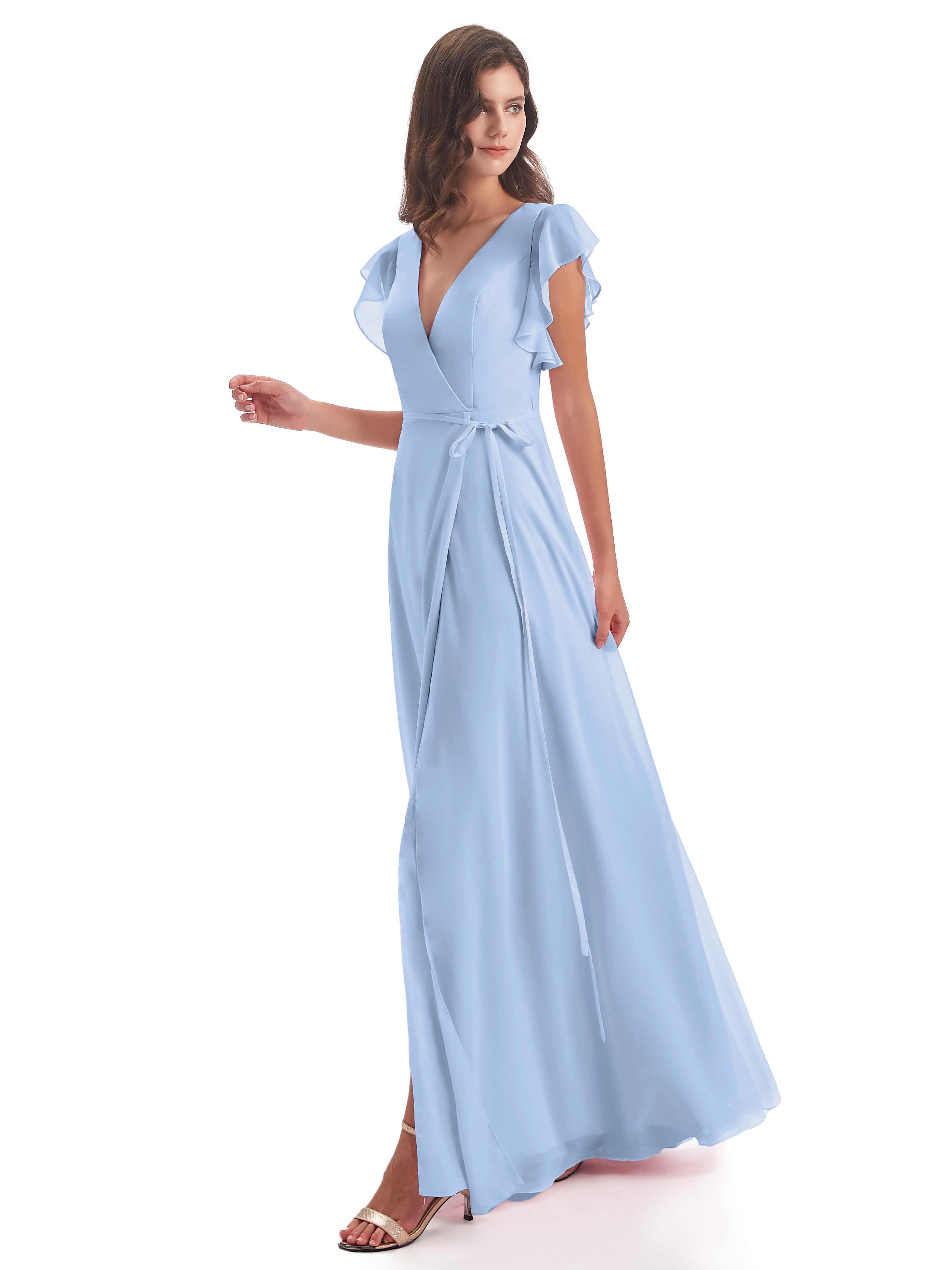 Robe Bleu Ciel Demoiselle D Honneur Fendue Devant Col V Robes Demoiselle D'Honneur