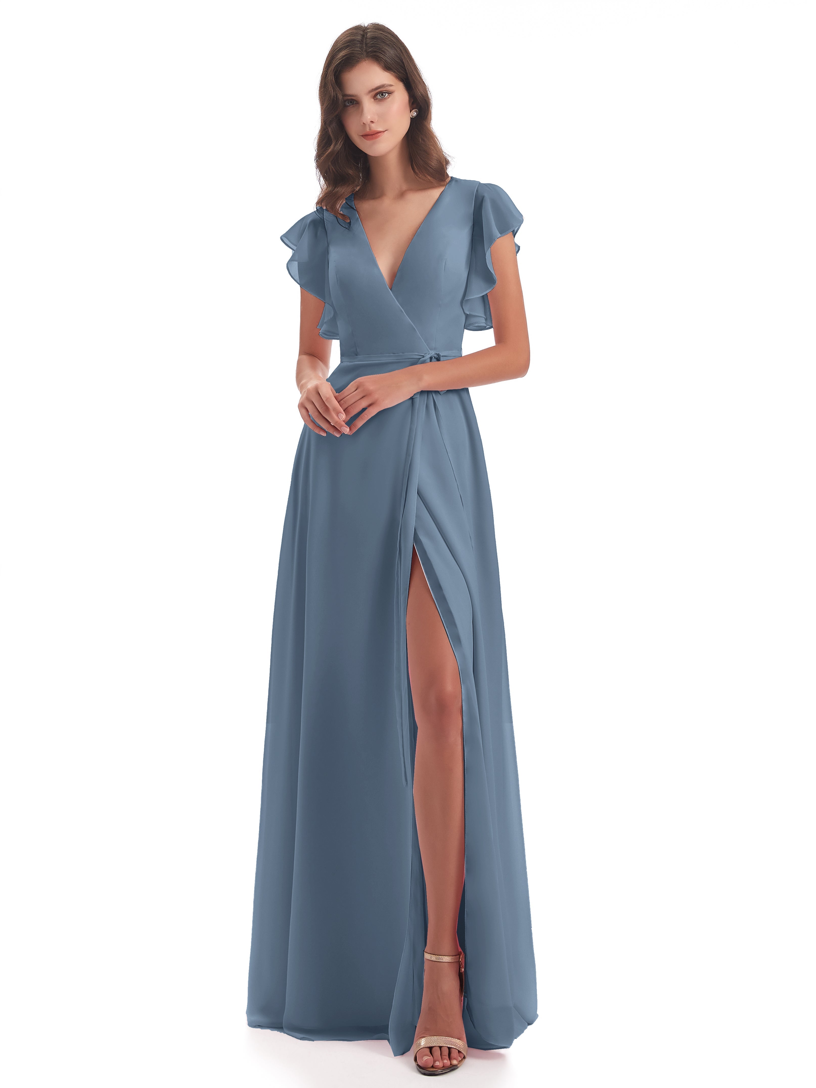 Robes De Demoiselle D'Honneur Bleu De Schiste Fendue Devant Col V Robes Demoiselle D'Honneur