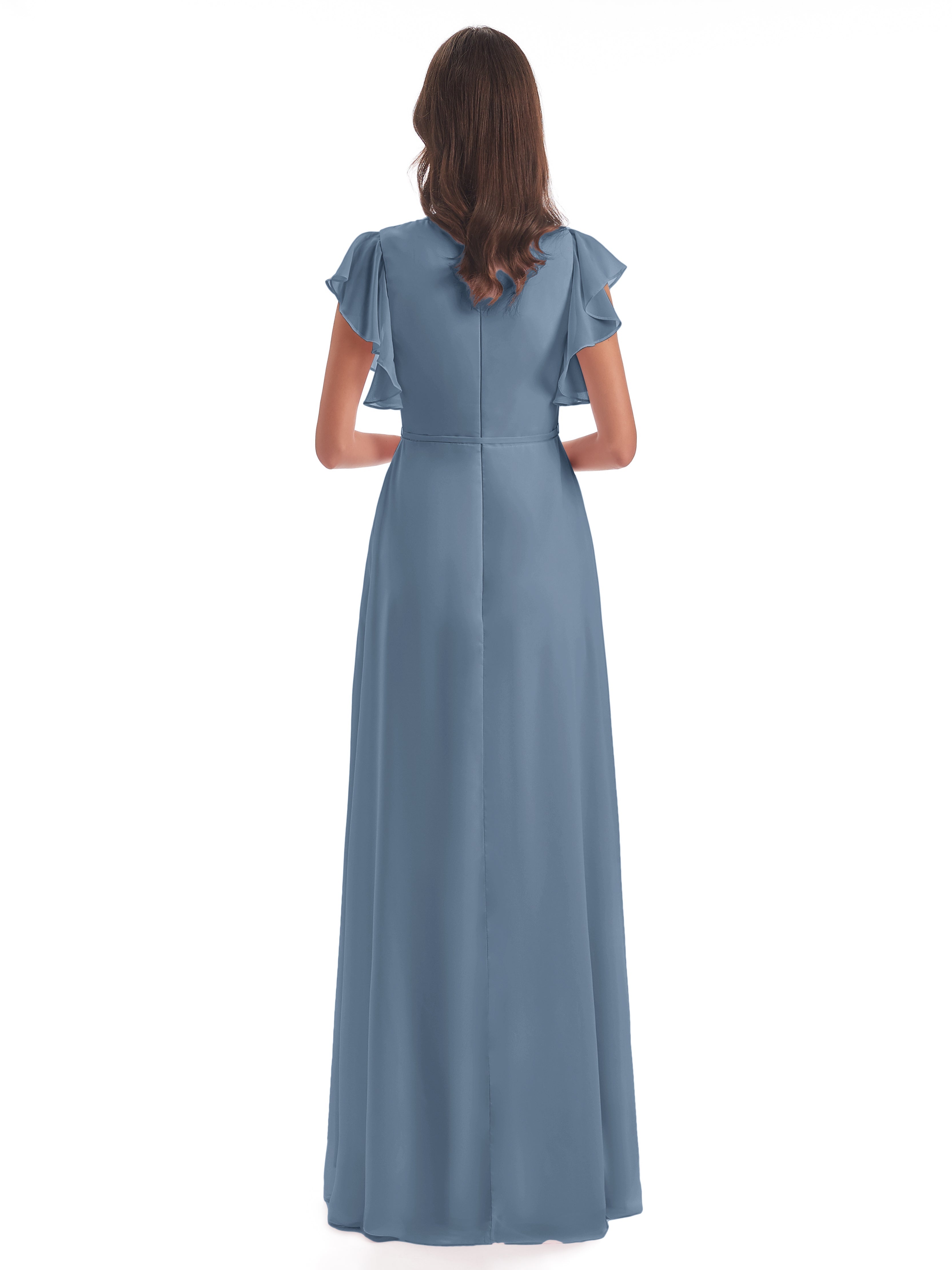 Robes De Demoiselle D'Honneur Bleu De Schiste Fendue Devant Col V Robes Demoiselle D'Honneur