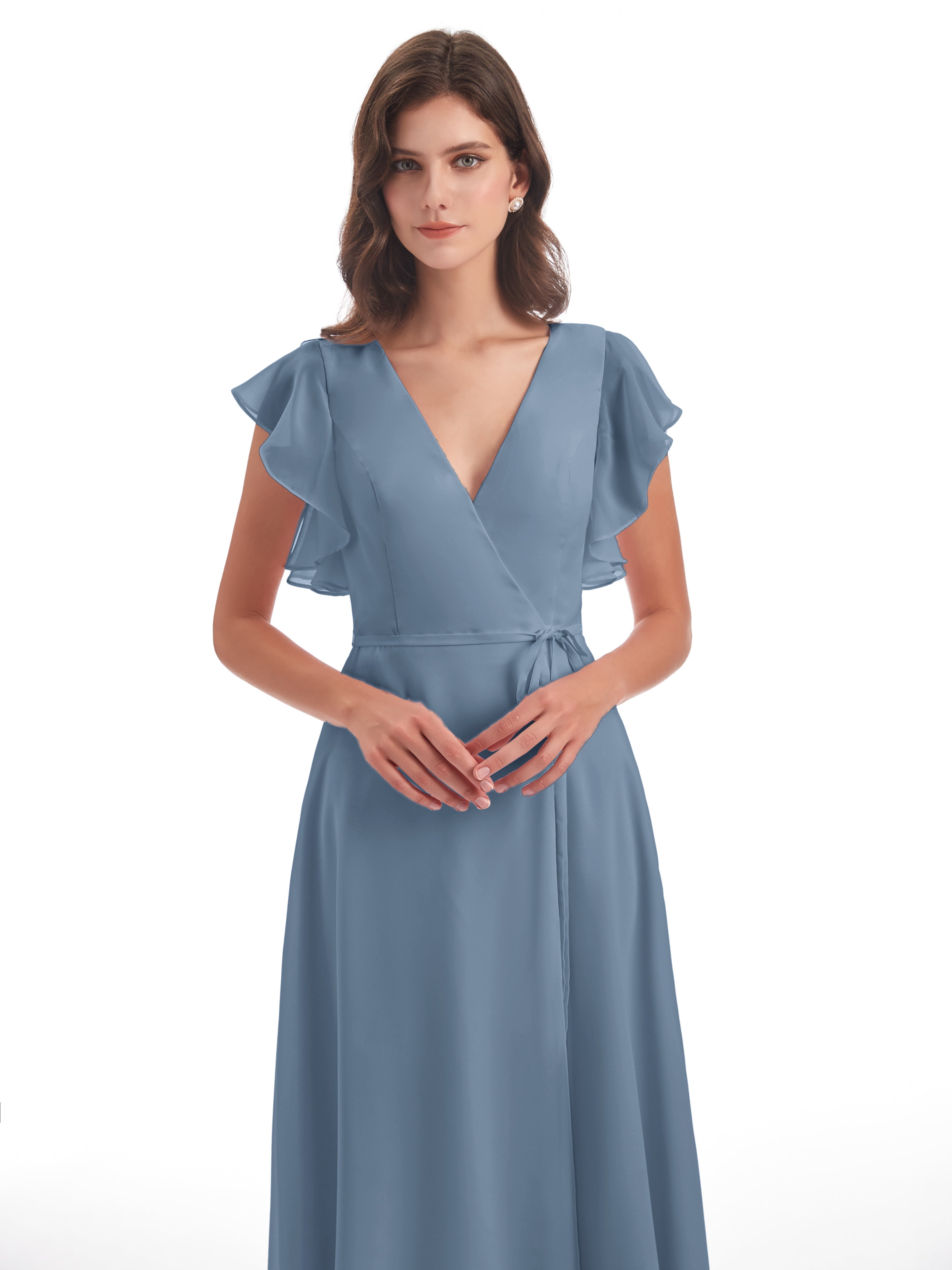 Robes De Demoiselle D'Honneur Bleu De Schiste Fendue Devant Col V Robes Demoiselle D'Honneur