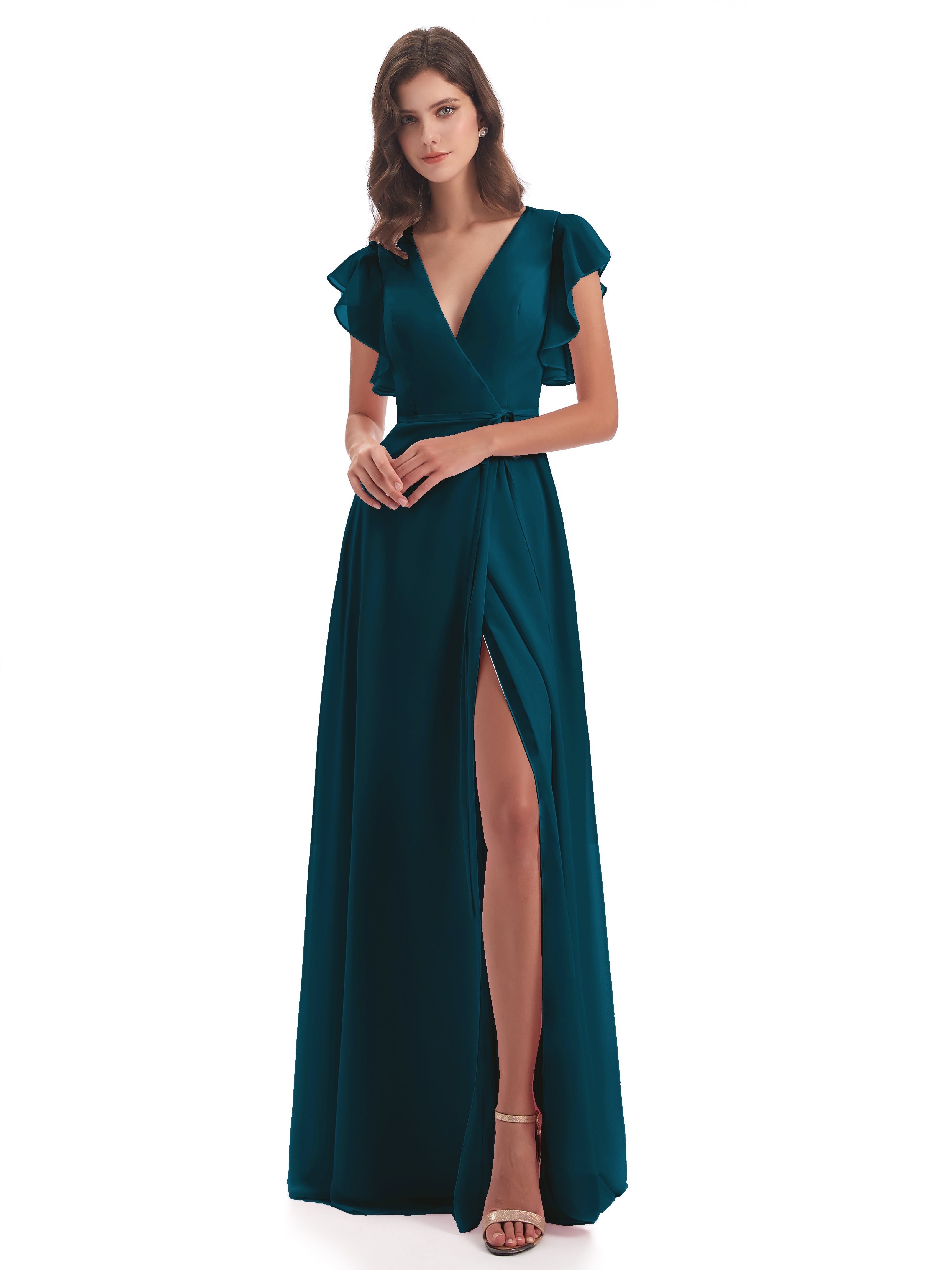 Robe De Demoiselle D'Honneur Bleu Encre Fendue Devant Col V Robes Demoiselle D'Honneur