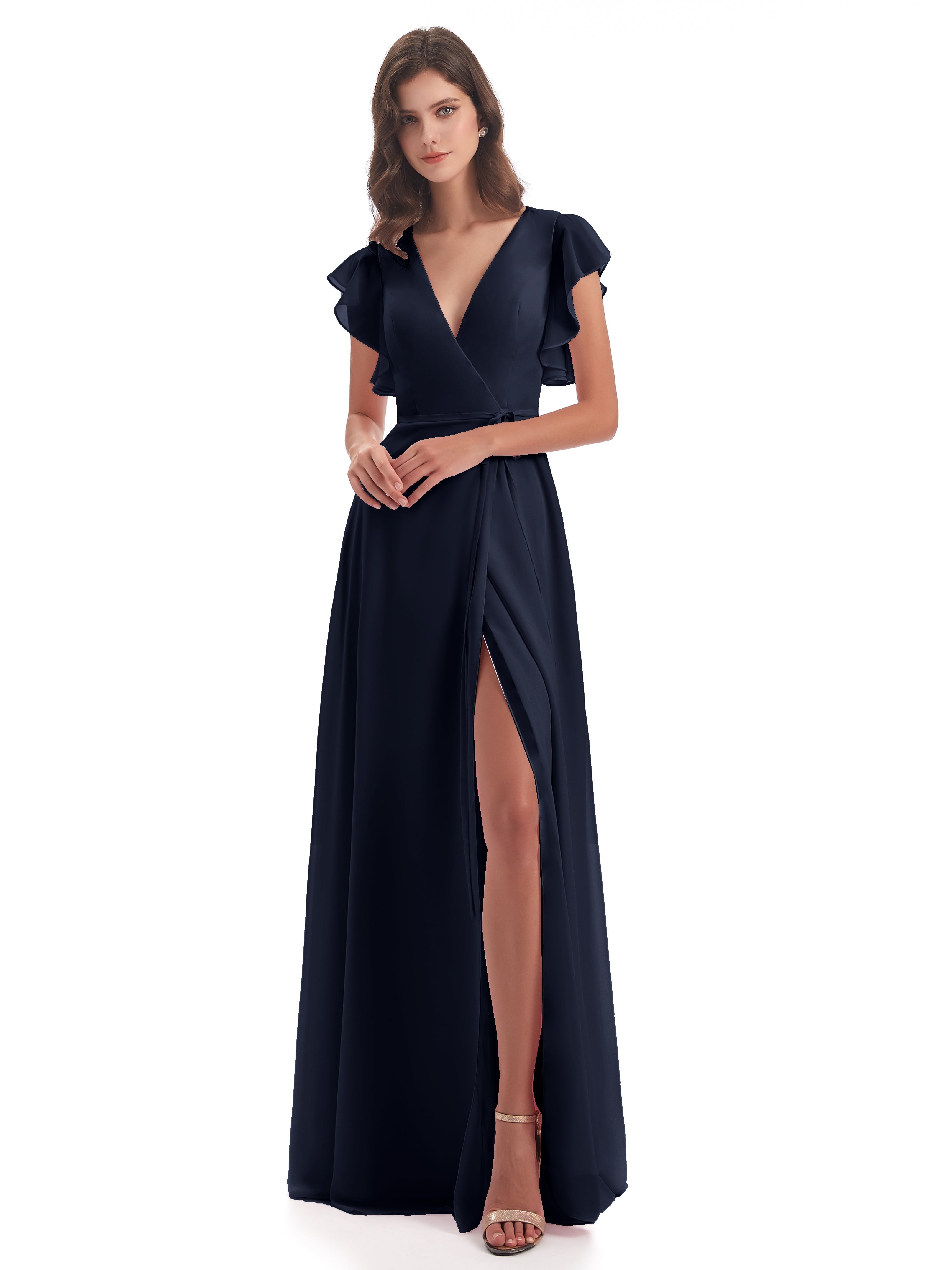 Robe Demoiselle Dhonneur Bleu Marine Fendue Devant Col V Robes Demoiselle D'Honneur