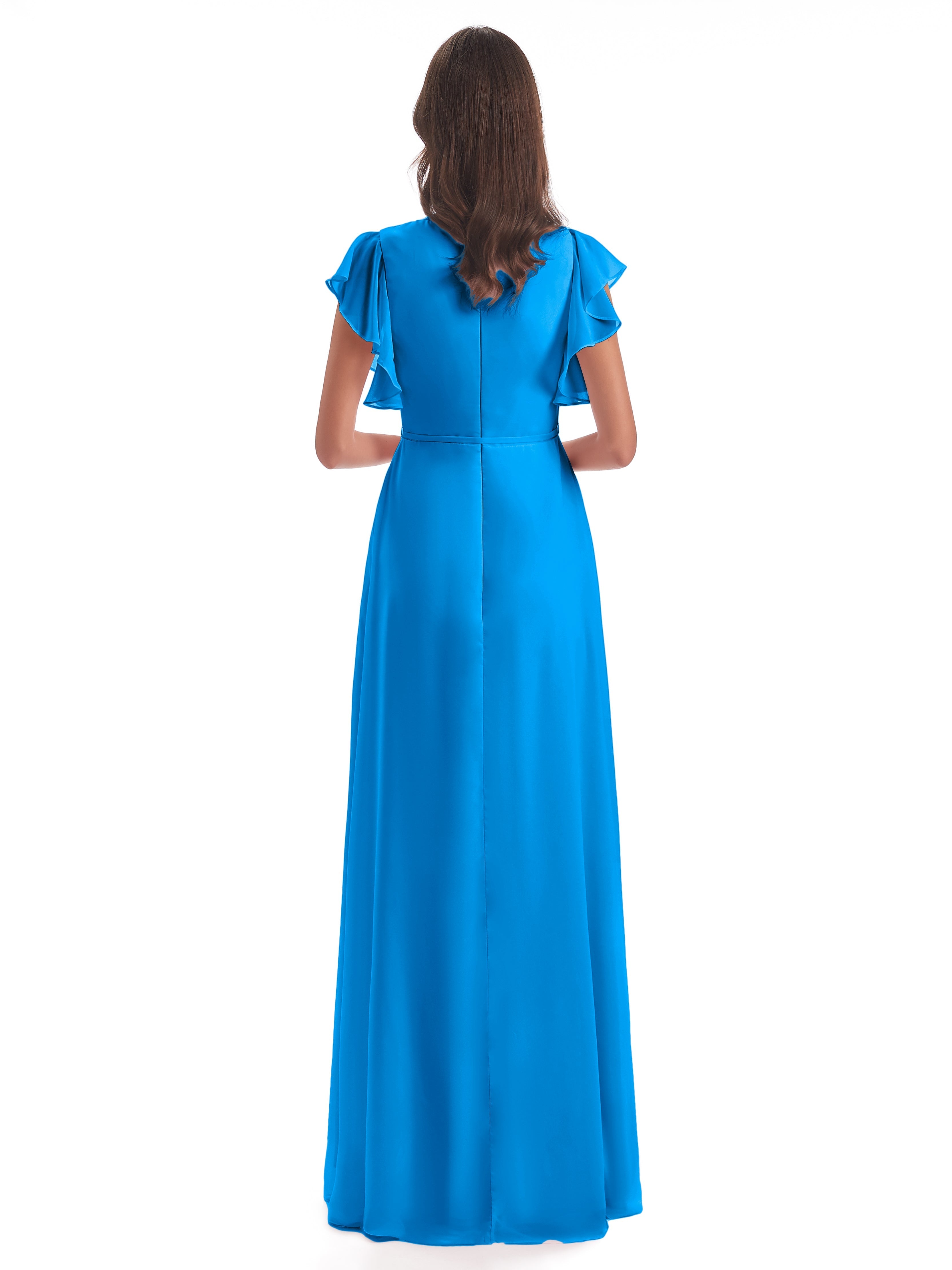 Robes De Demoiselle D'Honneur Bleu Océan Fendue Devant Col V Robes Demoiselle D'Honneur