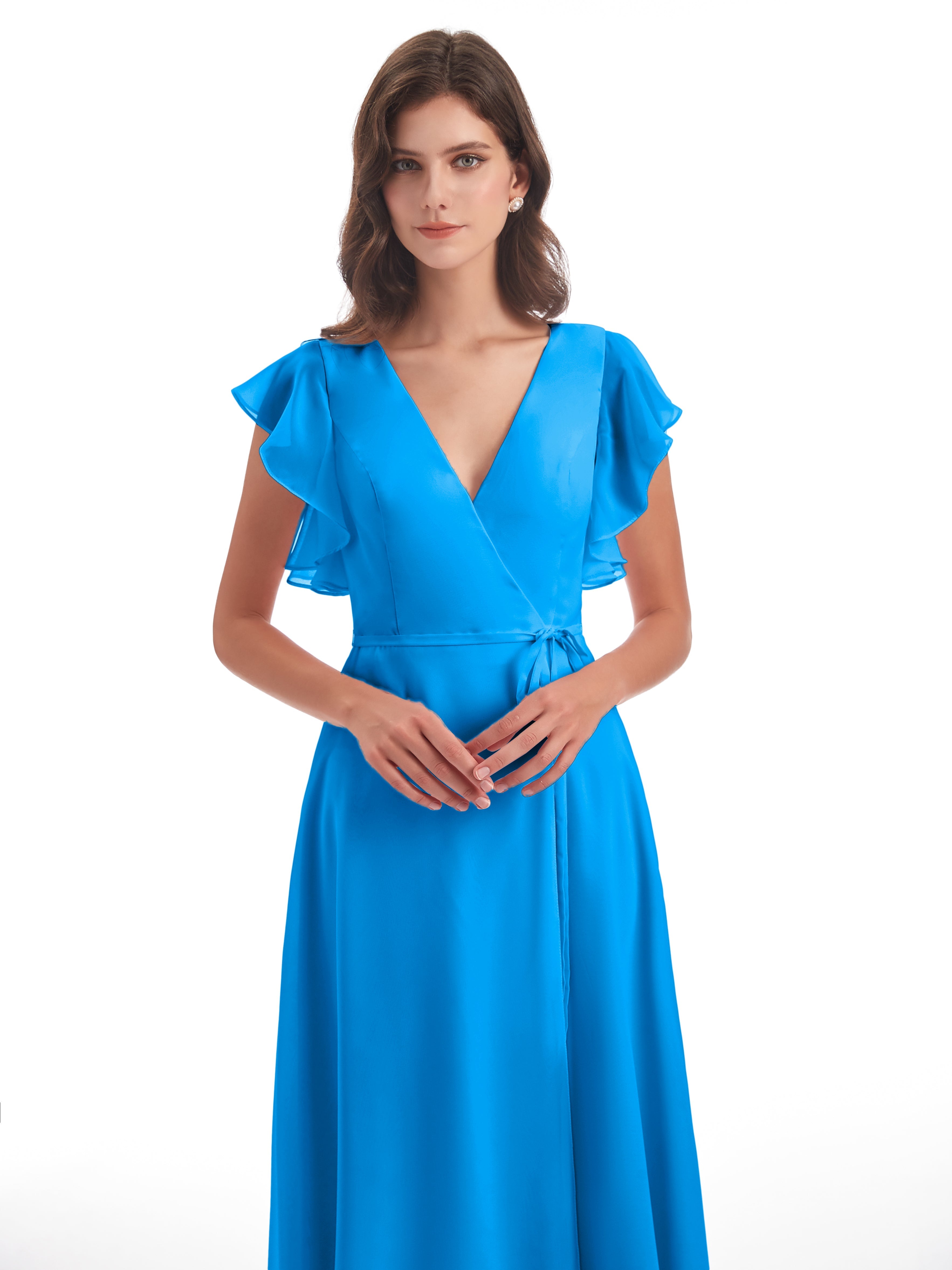 Robes De Demoiselle D'Honneur Bleu Océan Fendue Devant Col V Robes Demoiselle D'Honneur