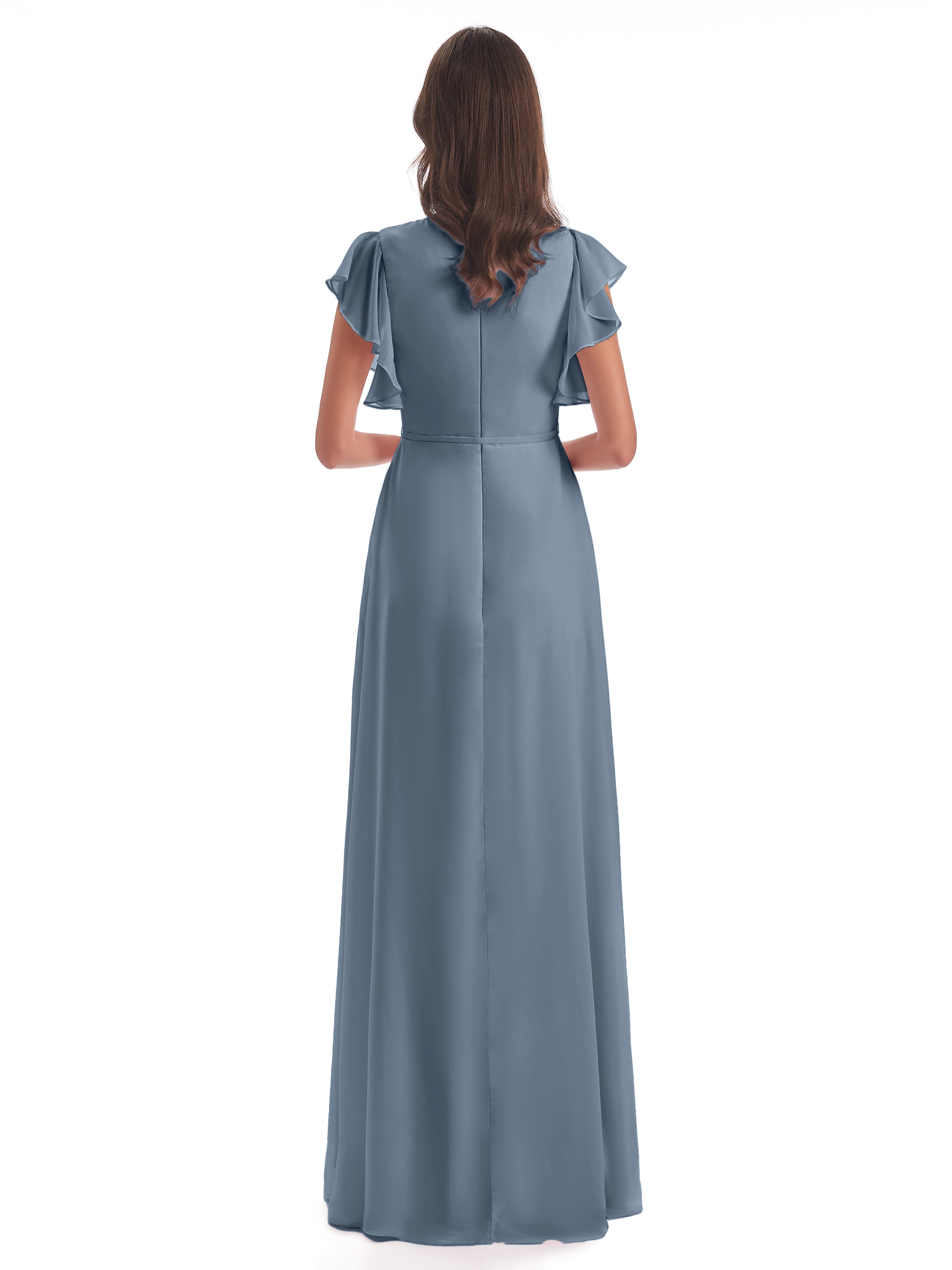 Robes De Demoiselle D'Honneur Bleu Poussiéreux Fendue Devant Col V Robes Demoiselle D'Honneur