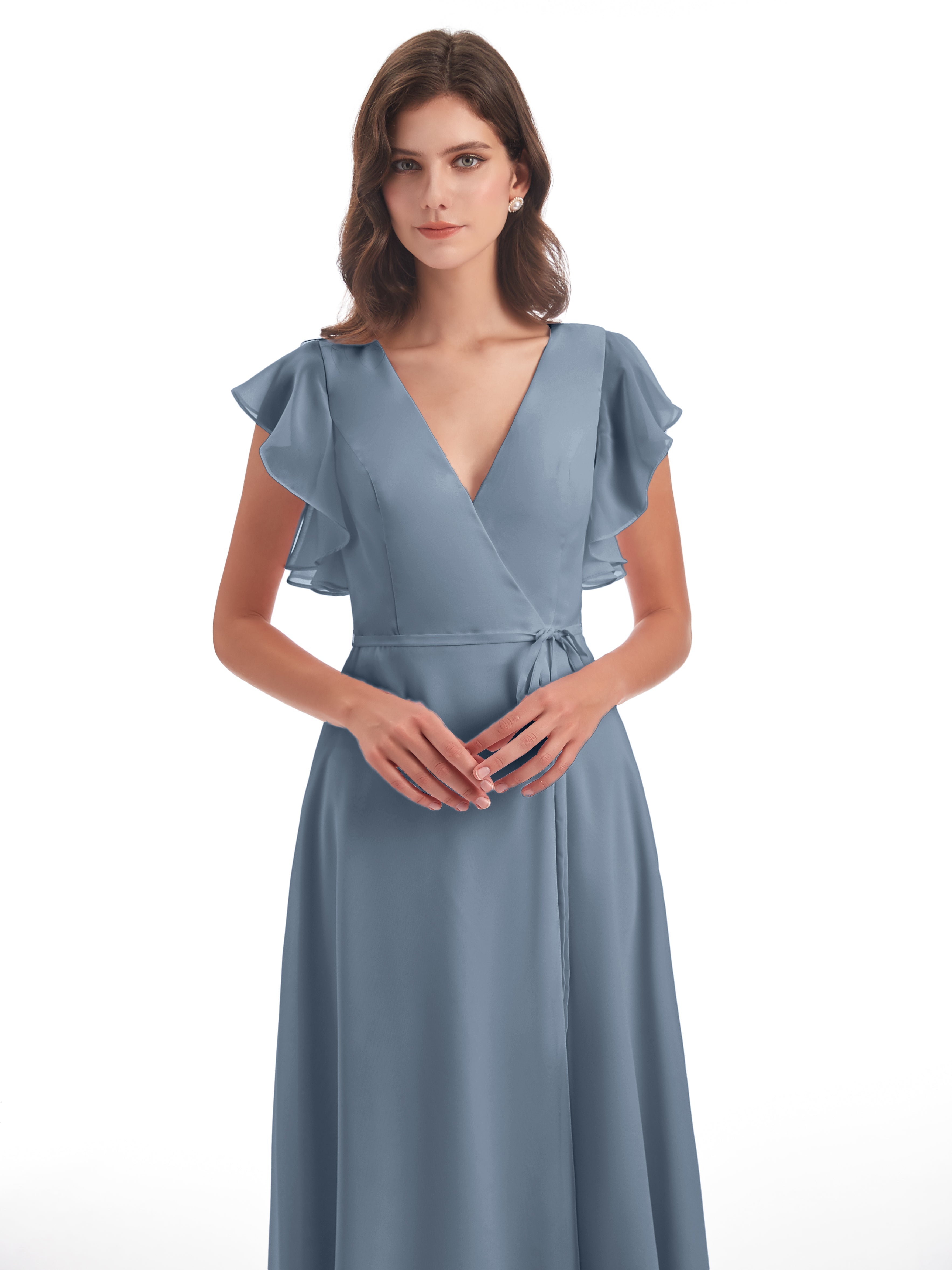 Robes De Demoiselle D'Honneur Bleu Poussiéreux Fendue Devant Col V Robes Demoiselle D'Honneur