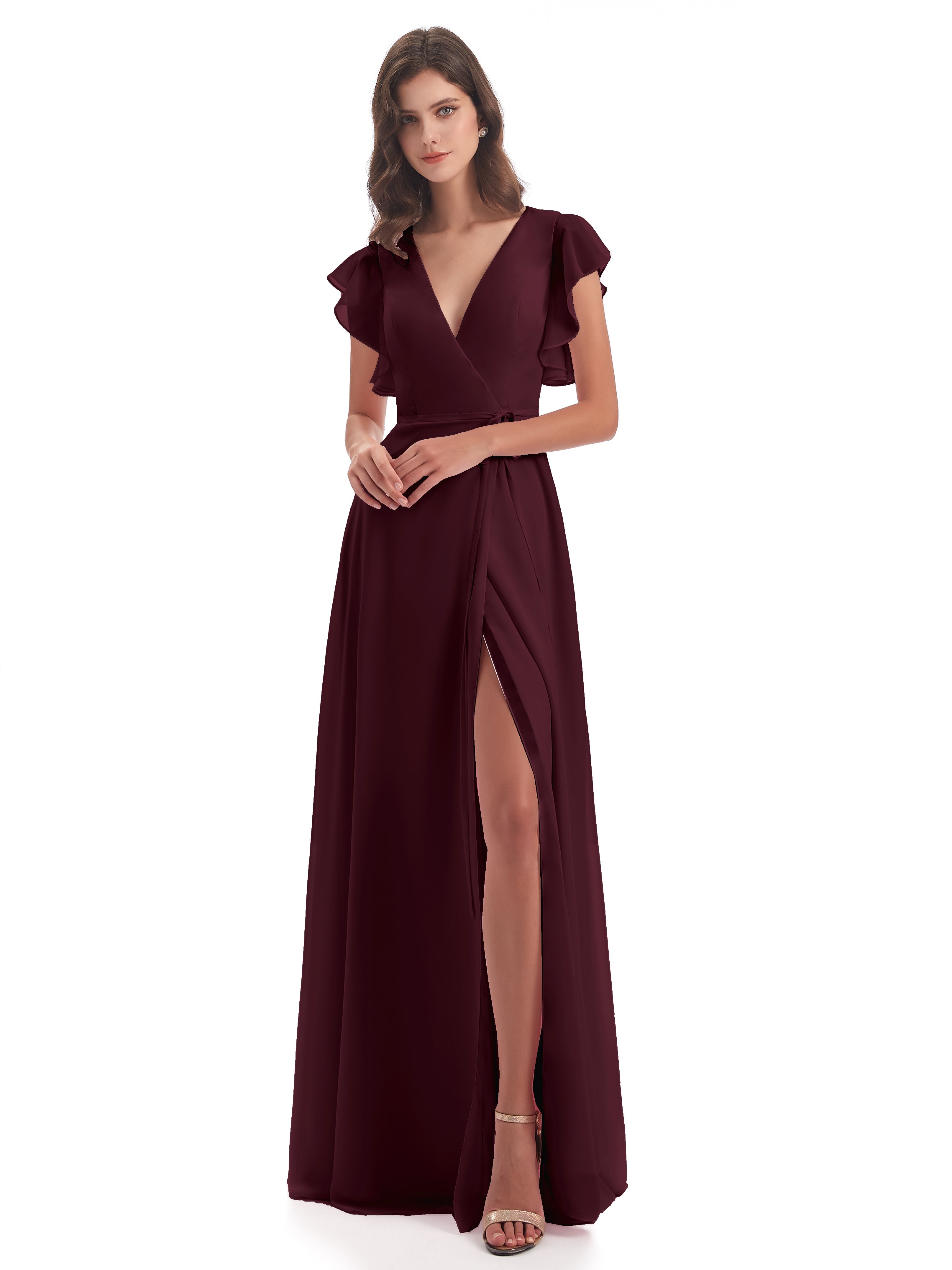 Robes De Demoiselle D'Honneur Cabernet Fendue Devant Col V Robes Demoiselle D'Honneur