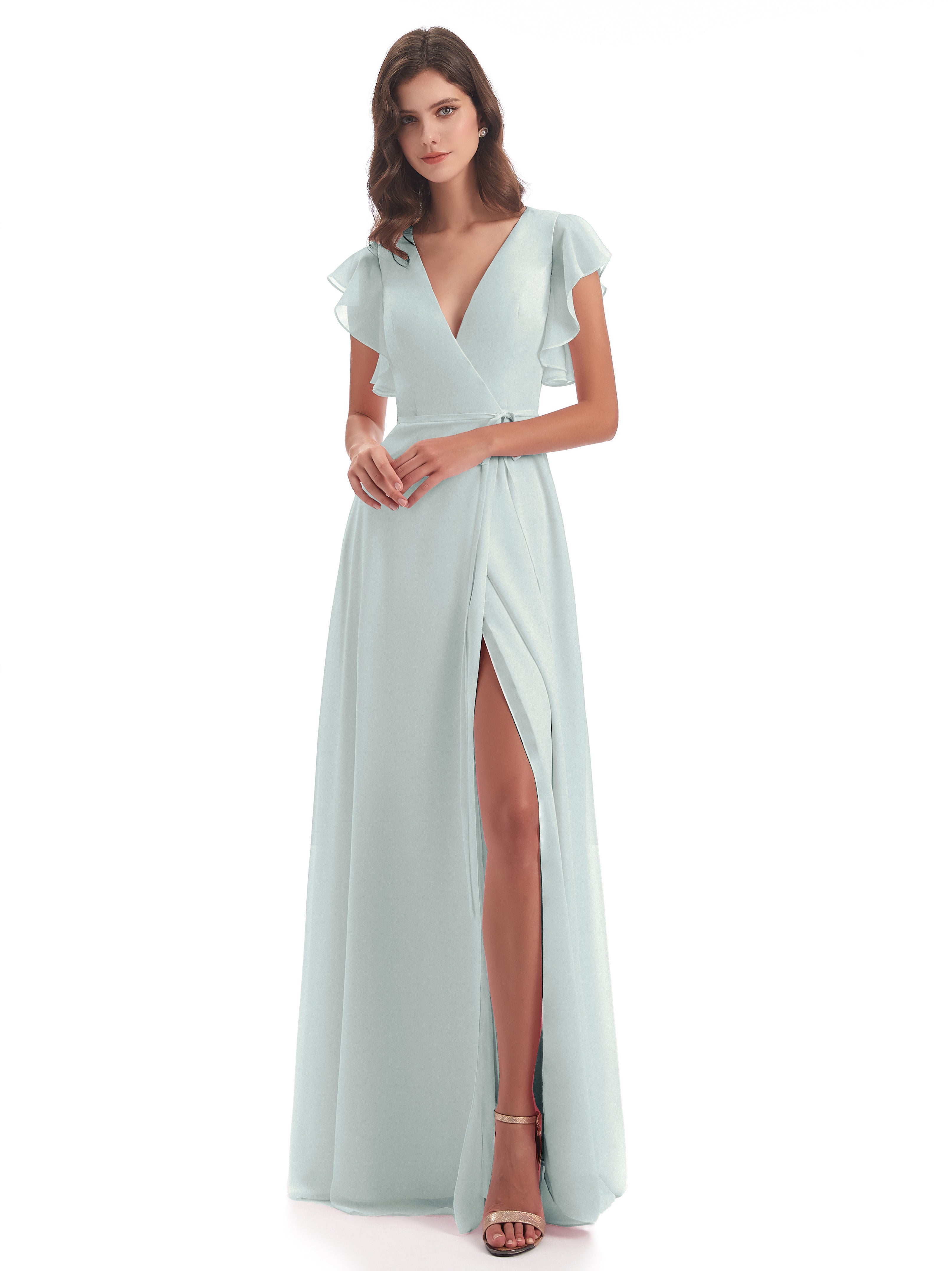 Robe Demoiselle D Honneur Celadon Fendue Devant Col V Robes Demoiselle D'Honneur