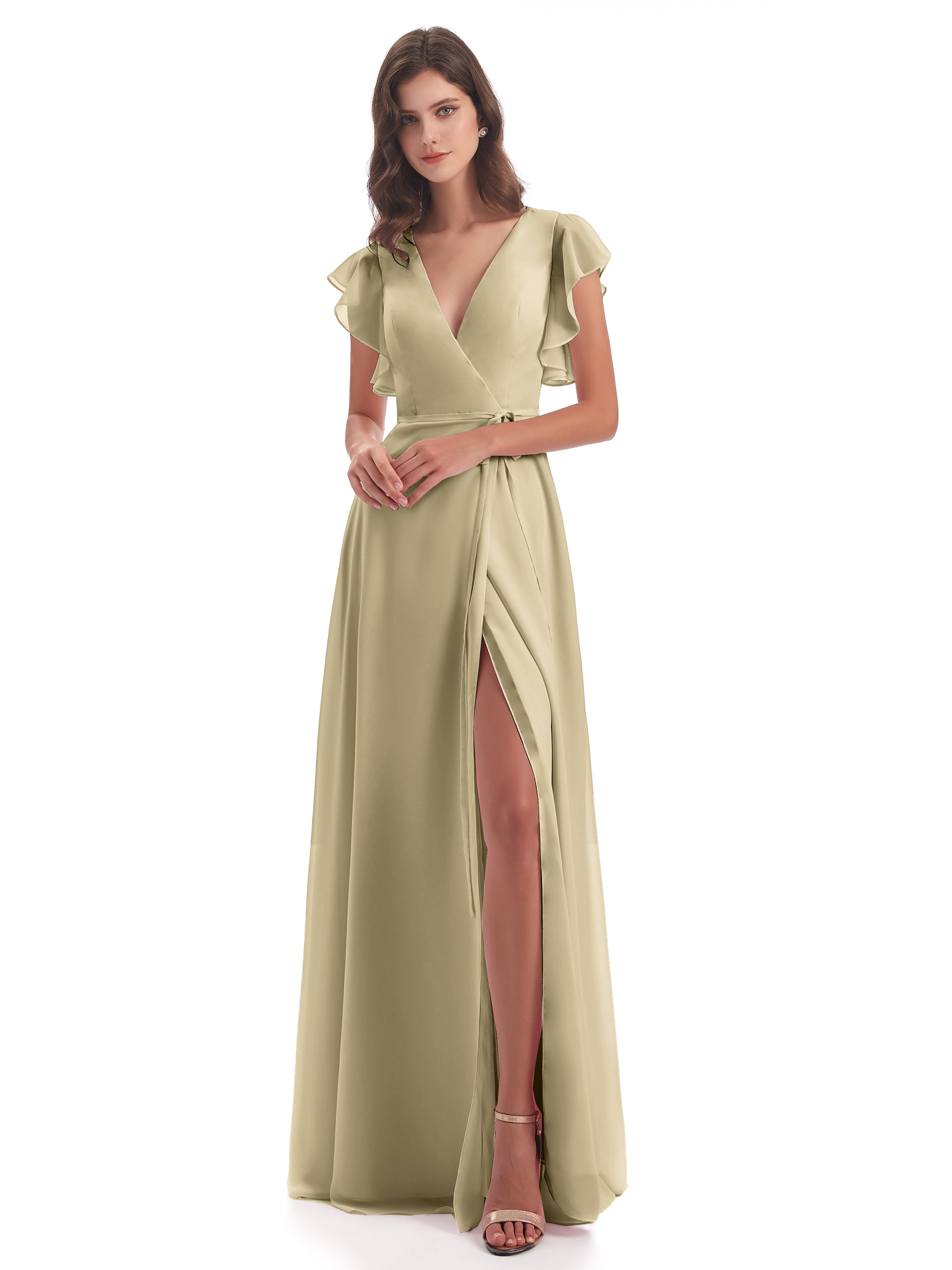 Robe Champagne Demoiselle D Honneur Fendue Devant Col V Robes Demoiselle D'Honneur