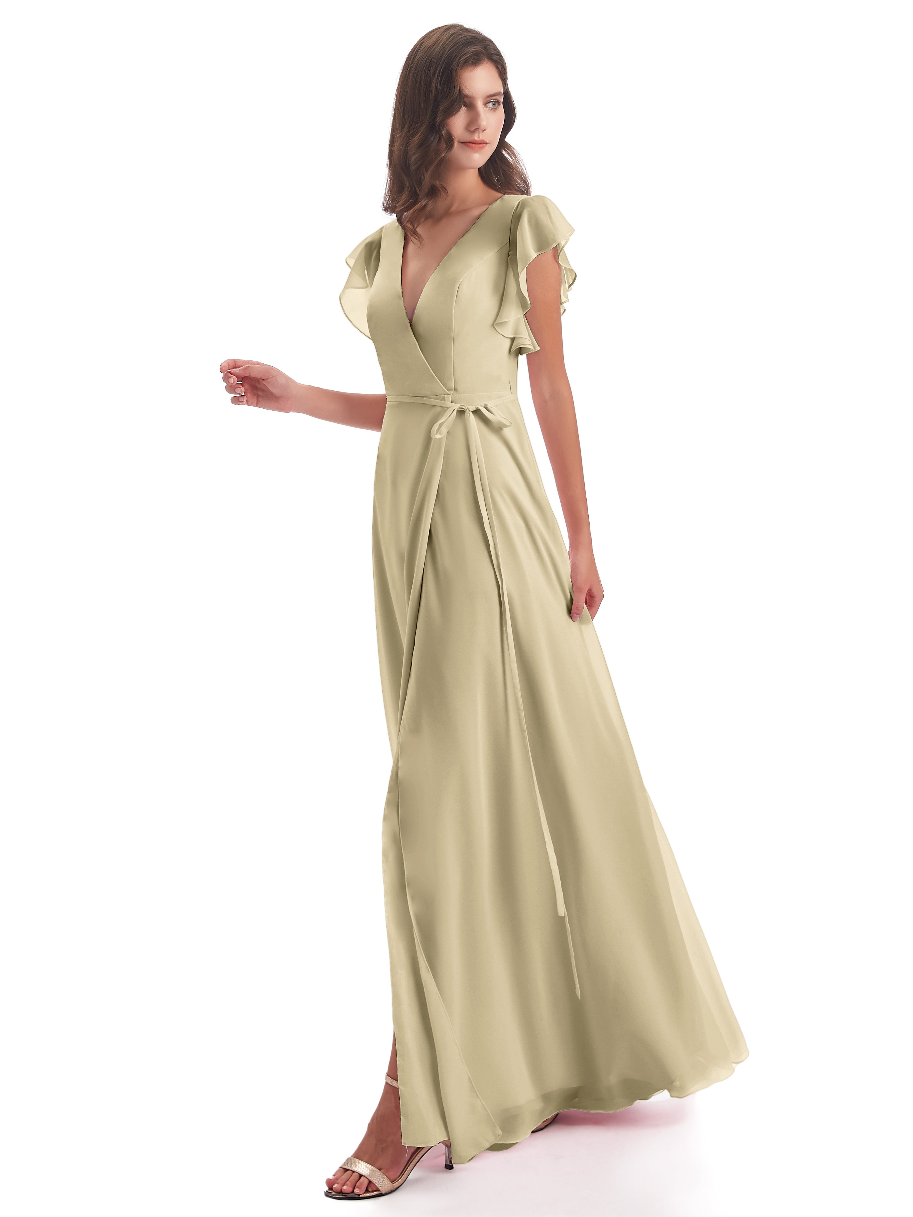 Robe Champagne Demoiselle D Honneur Fendue Devant Col V Robes Demoiselle D'Honneur