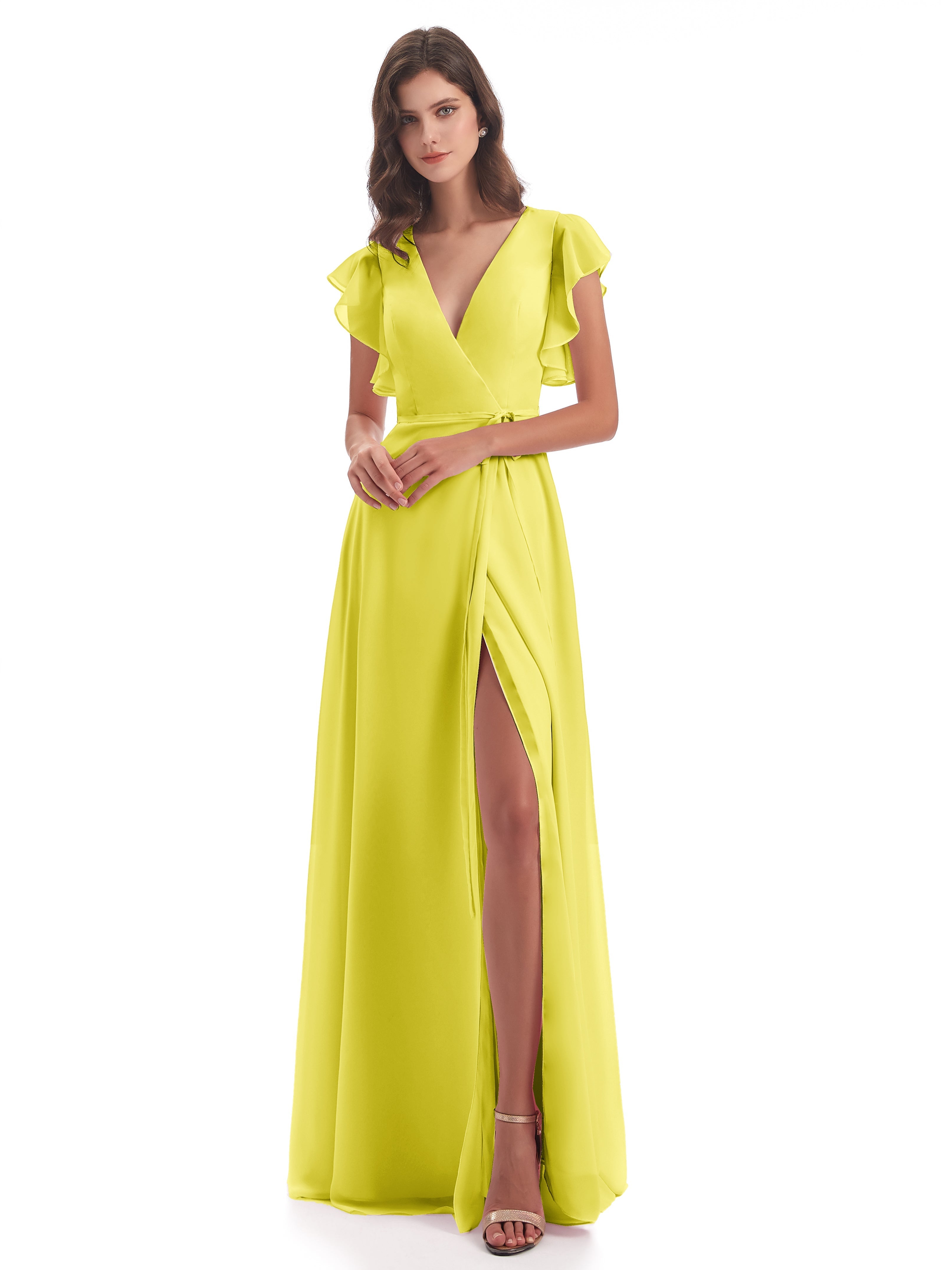 Robes De Demoiselle D'Honneur Citron Fendue Devant Col V Robes Demoiselle D'Honneur