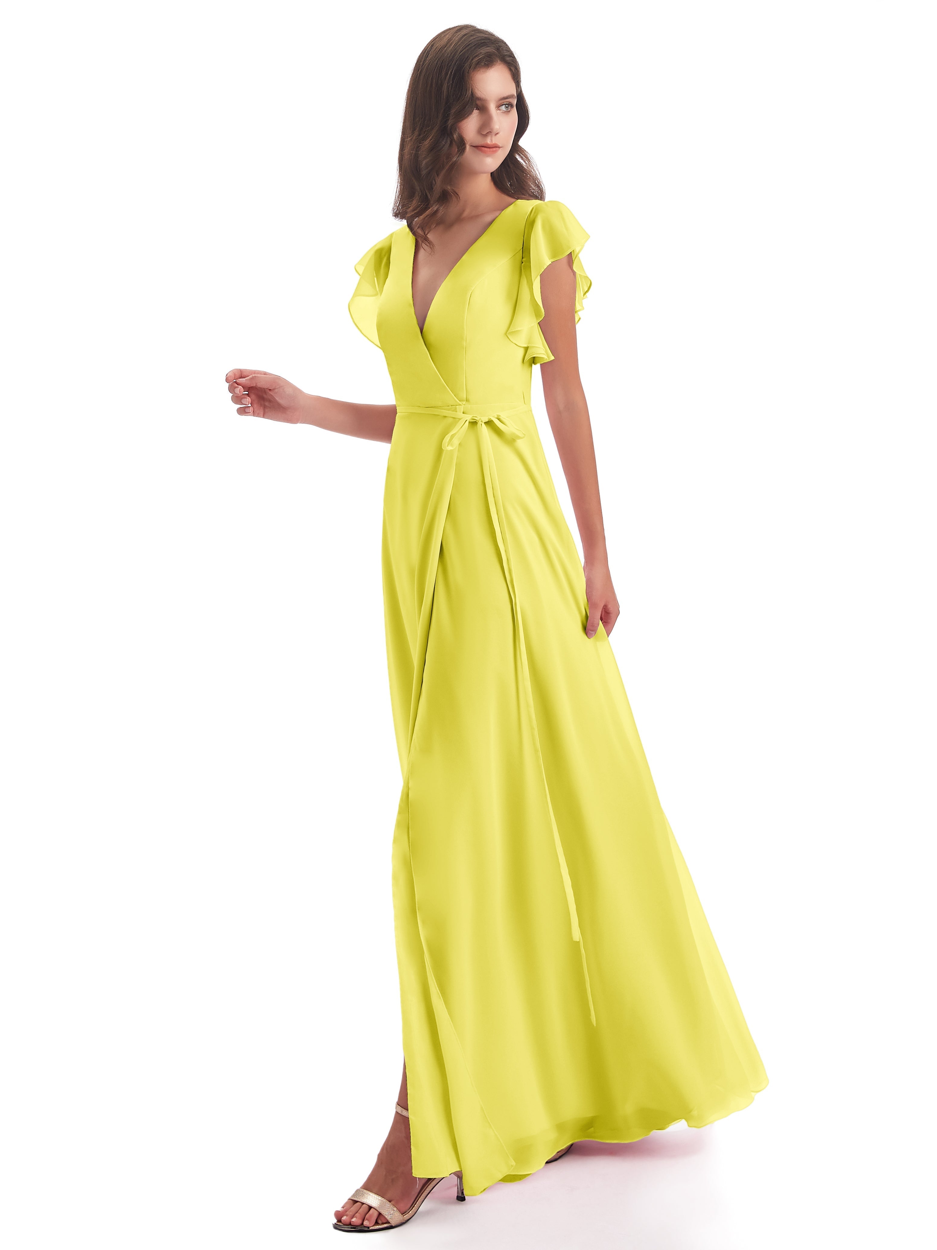 Robes De Demoiselle D'Honneur Citron Fendue Devant Col V Robes Demoiselle D'Honneur