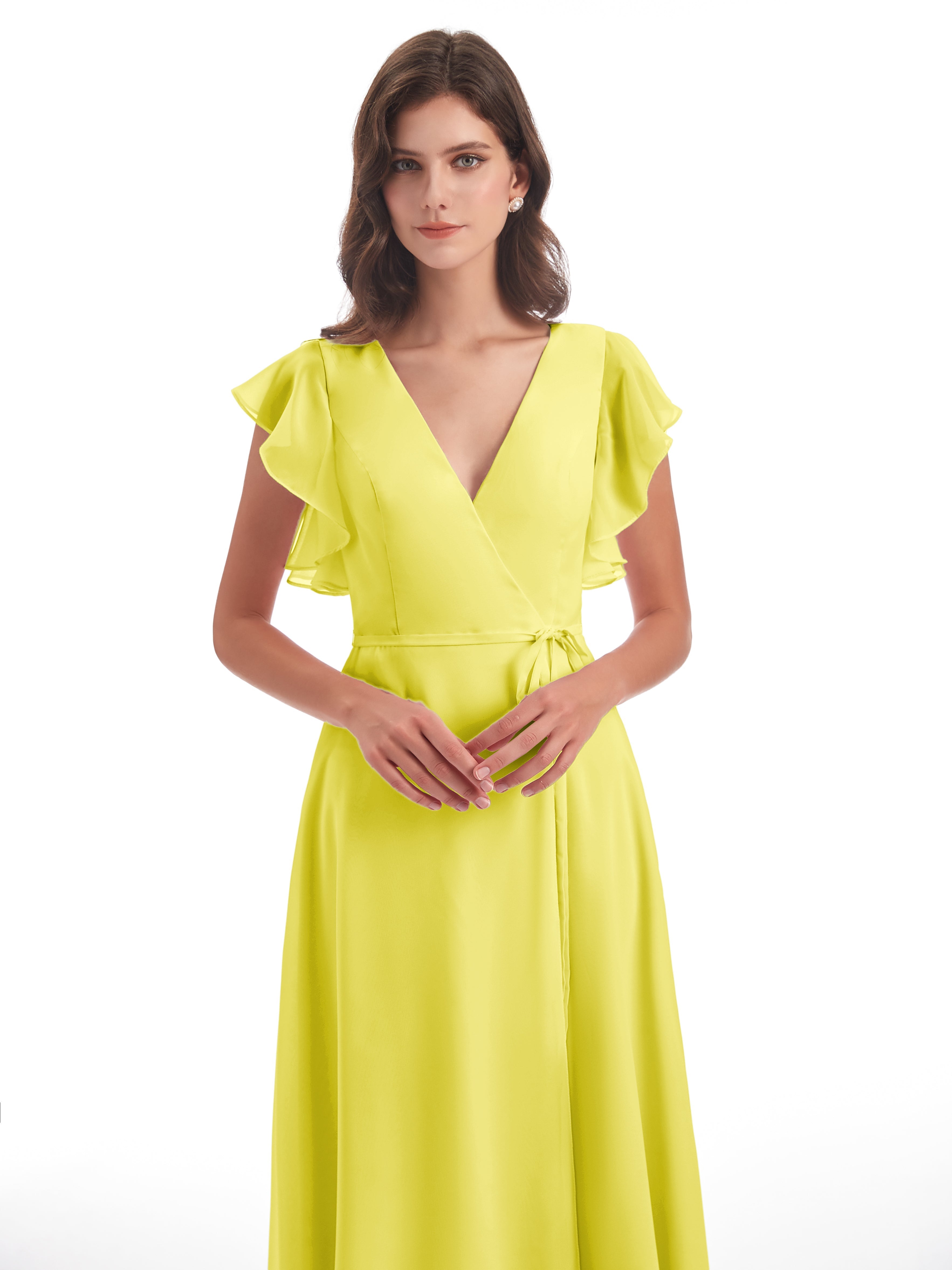 Robes De Demoiselle D'Honneur Citron Fendue Devant Col V Robes Demoiselle D'Honneur