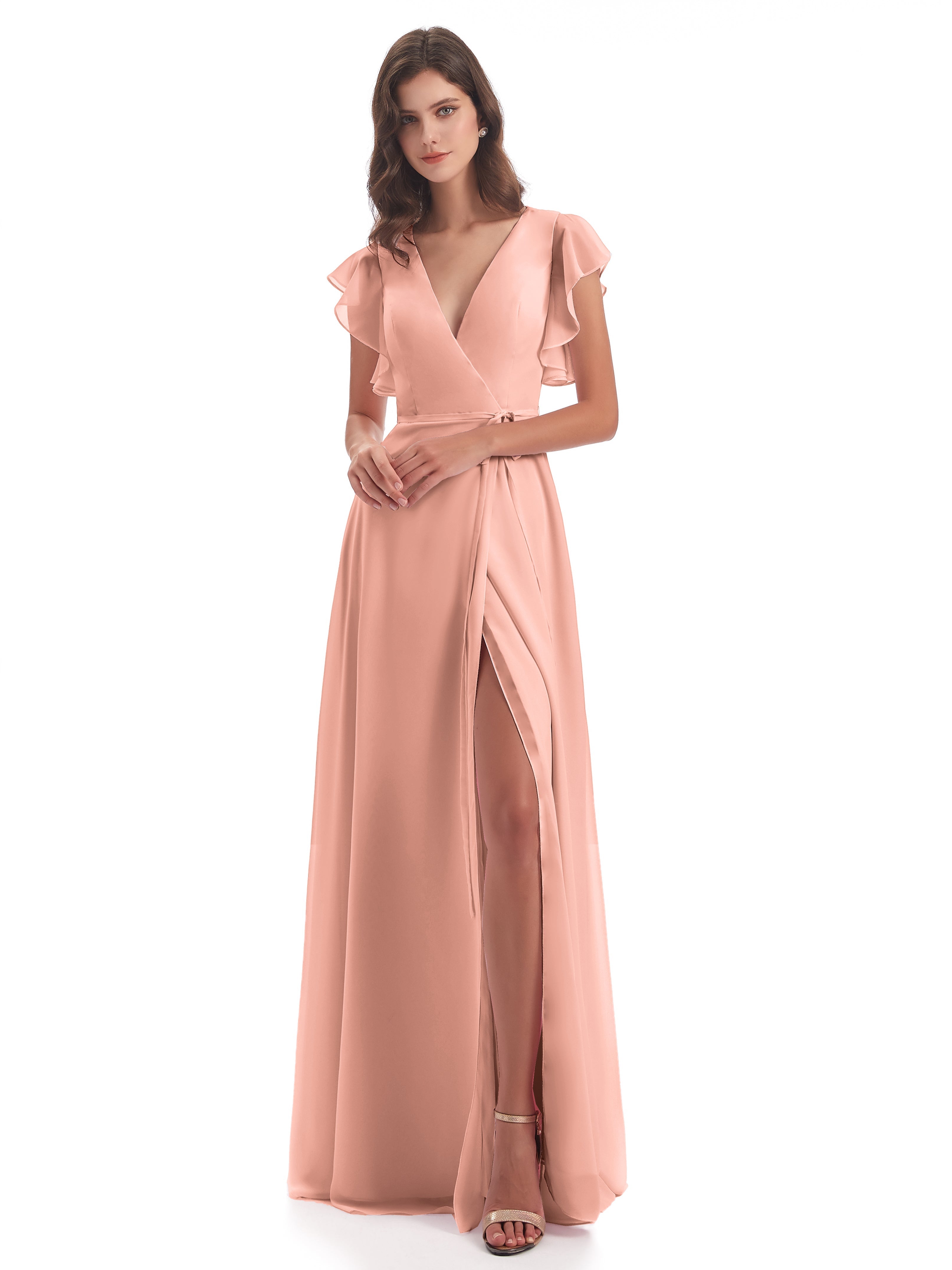 Robe Demoiselle Honneur Corail Fendue Devant Col V Robes Demoiselle D'Honneur
