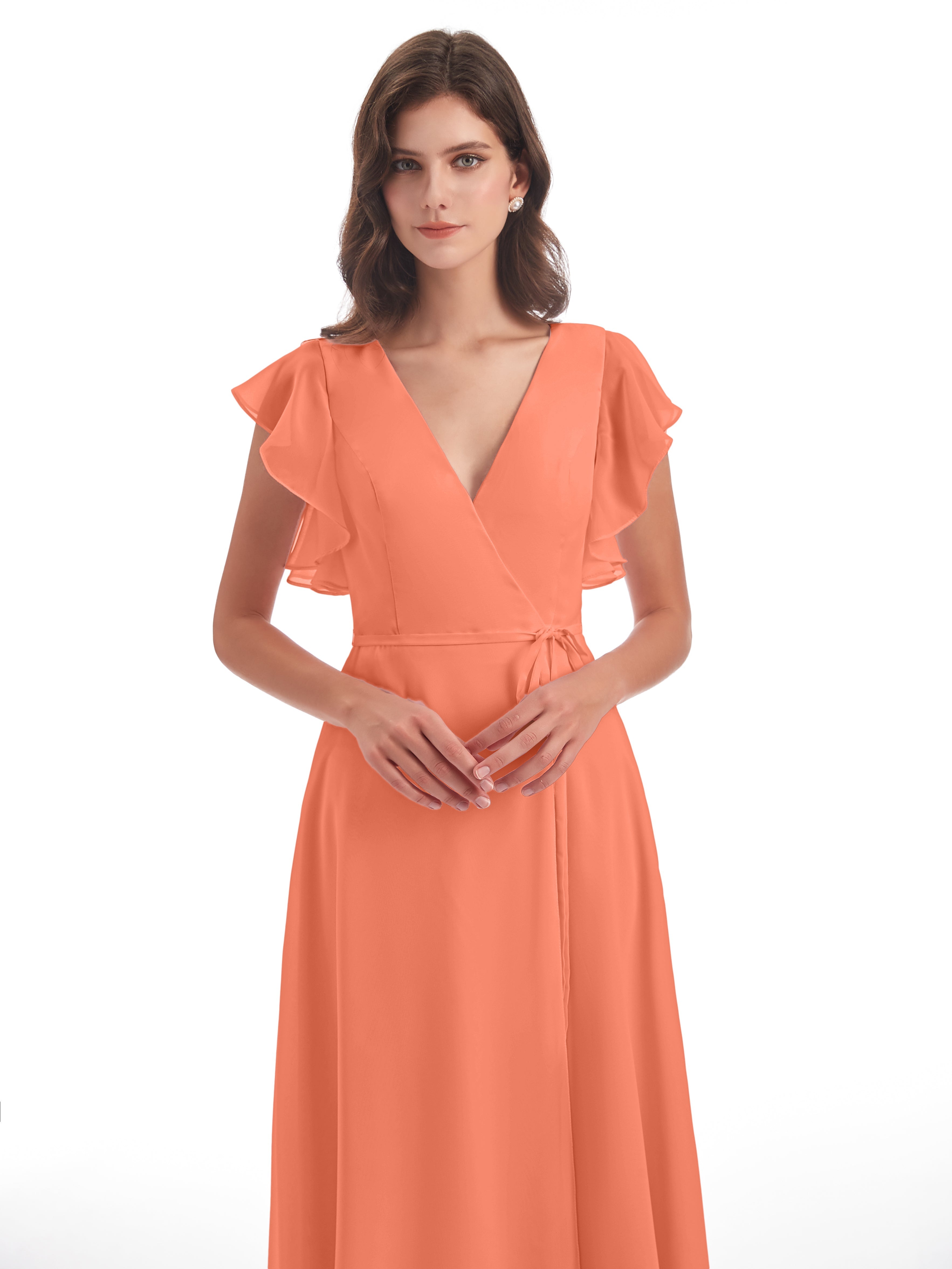 Robes De Demoiselle D'Honneur Coucher De Soleil Fendue Devant Col V Robes Demoiselle D'Honneur