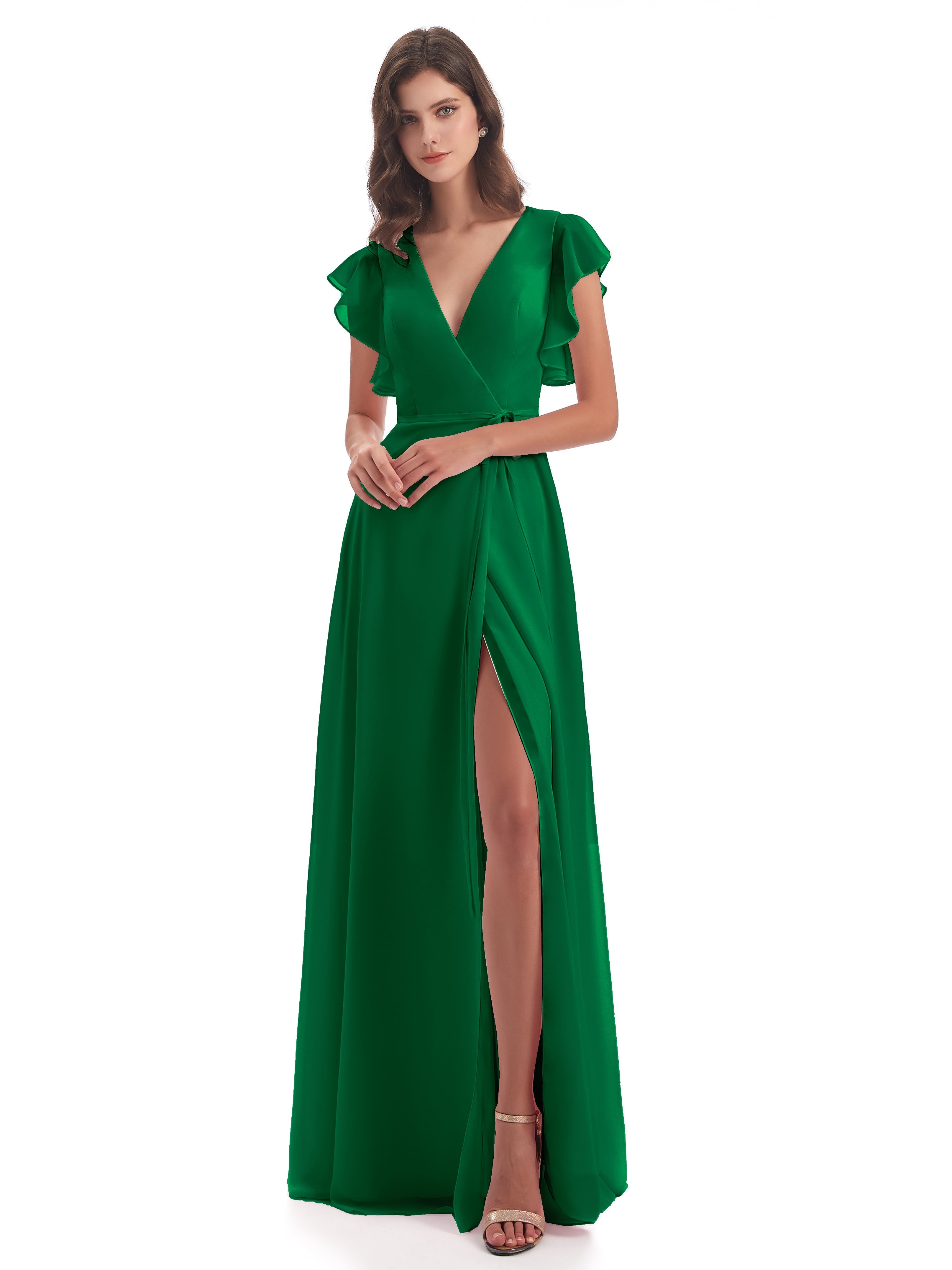 Robe Demoiselle D Honneur Vert Emeraude Fendue Devant Col V Robes Demoiselle D'Honneur
