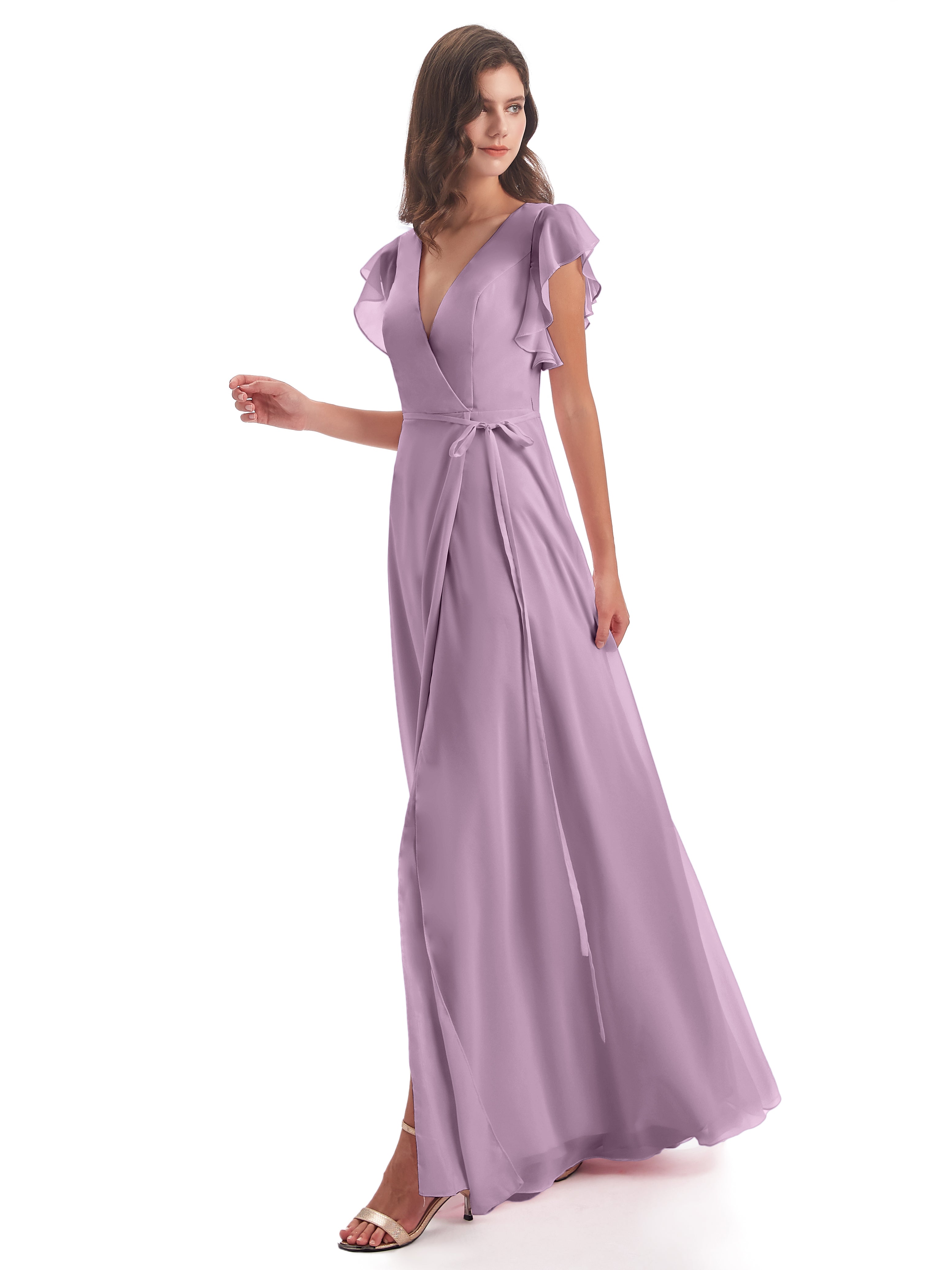 Robes De Demoiselle D'Honneur Glycine Fendue Devant Col V Robes Demoiselle D'Honneur