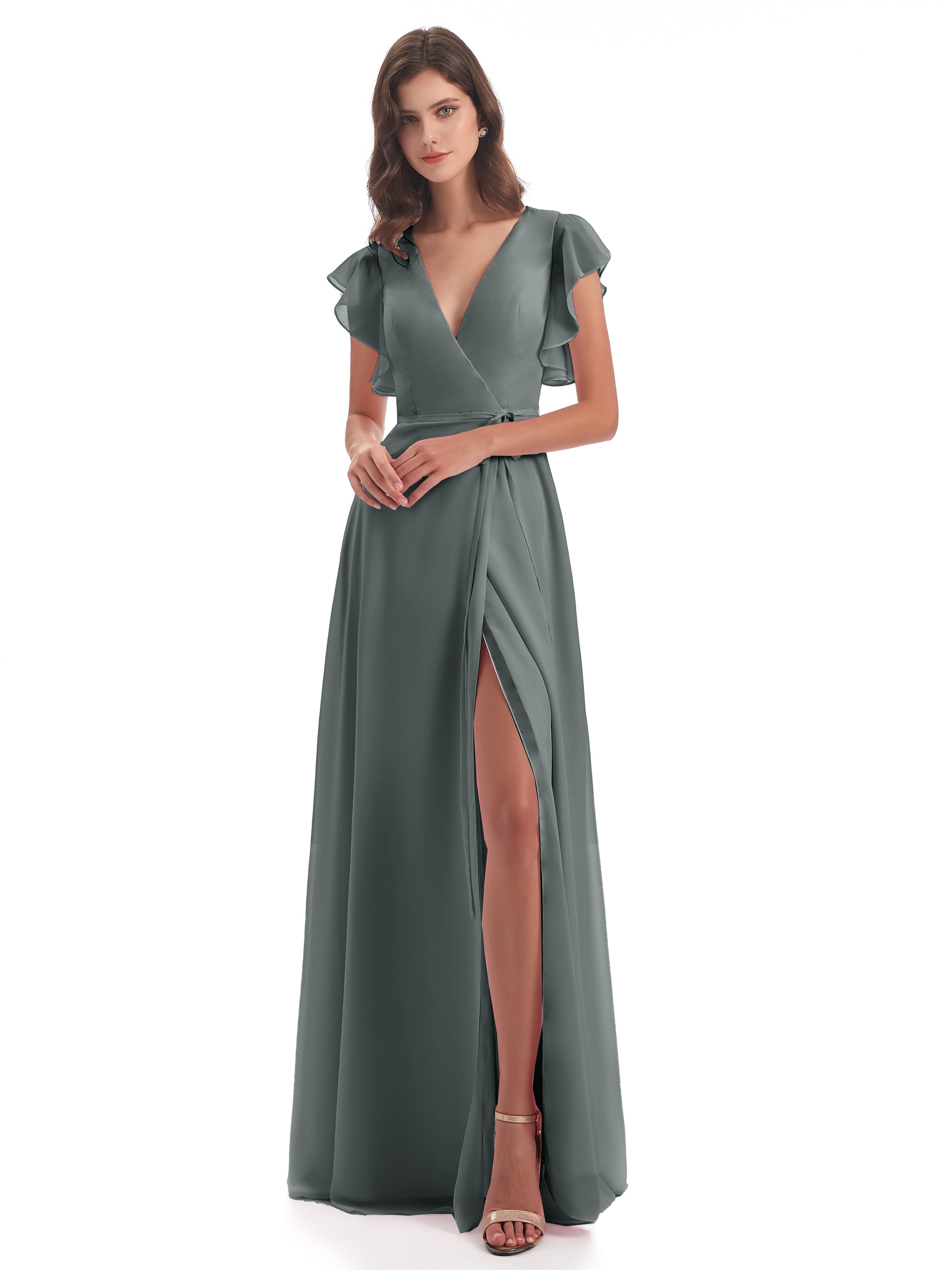 Robe Demoiselle D Honneur Gris Argenté Fendue Devant Col V Robes Demoiselle D'Honneur